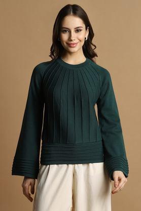 textured viscose round neck women's top - dark green