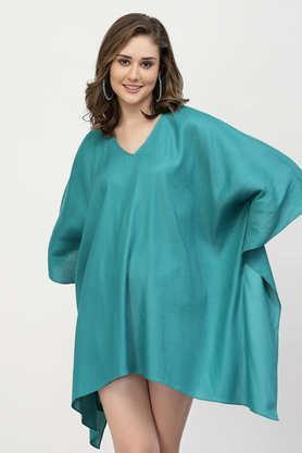 textured viscose v-neck women's casual wear kaftan - green