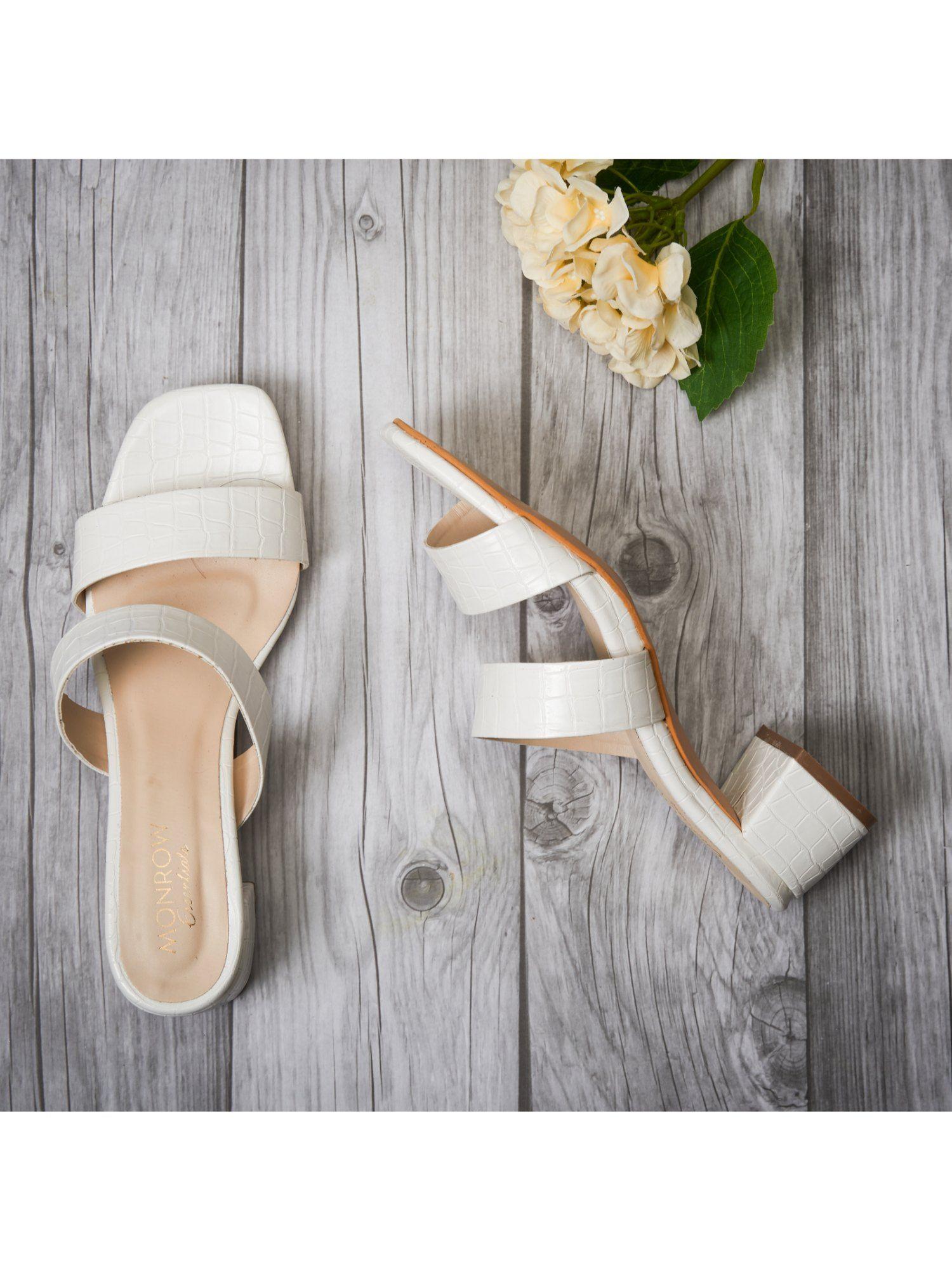 textured white block heels