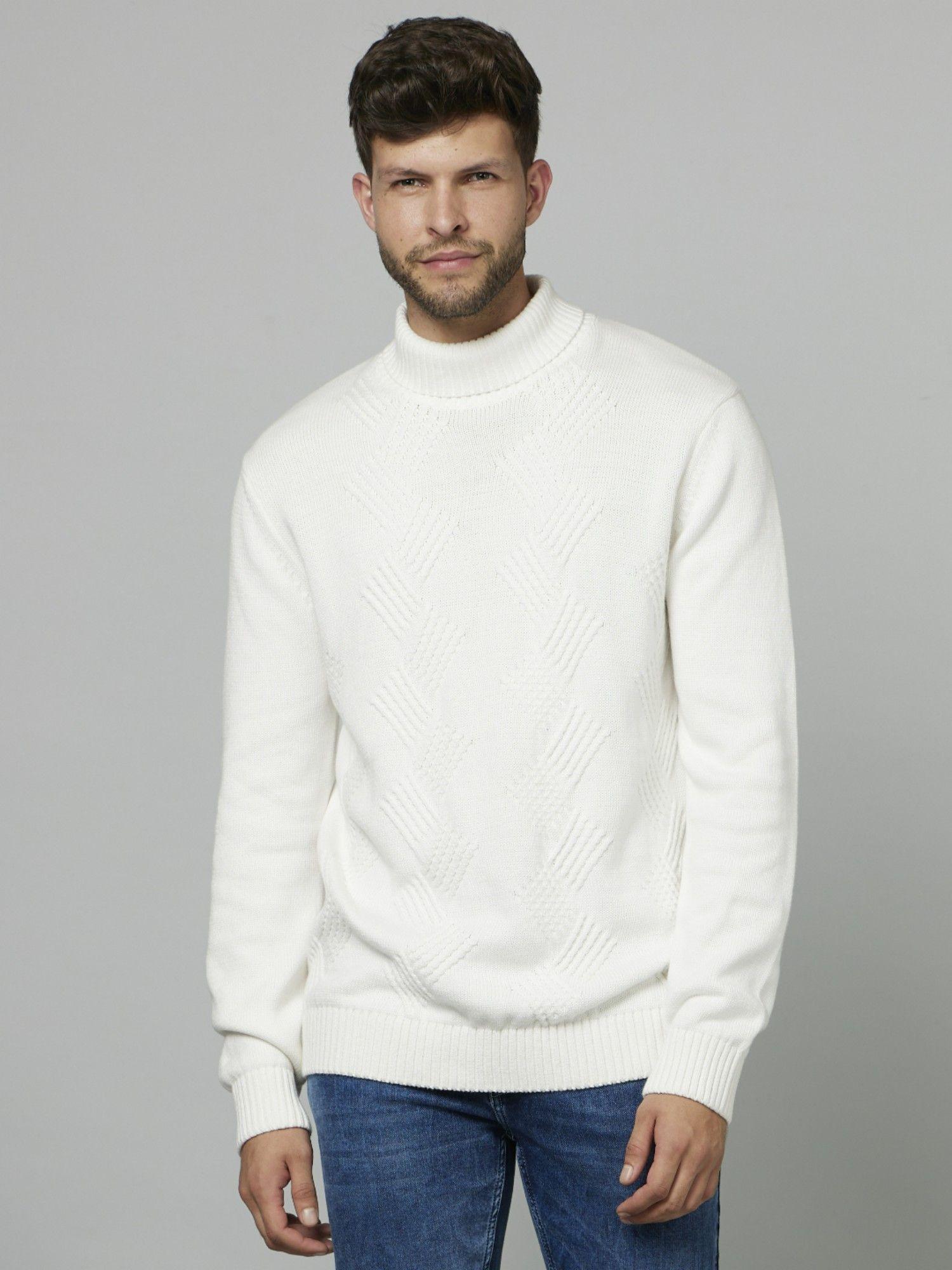 textured white long sleeves turtle neck structured sweater