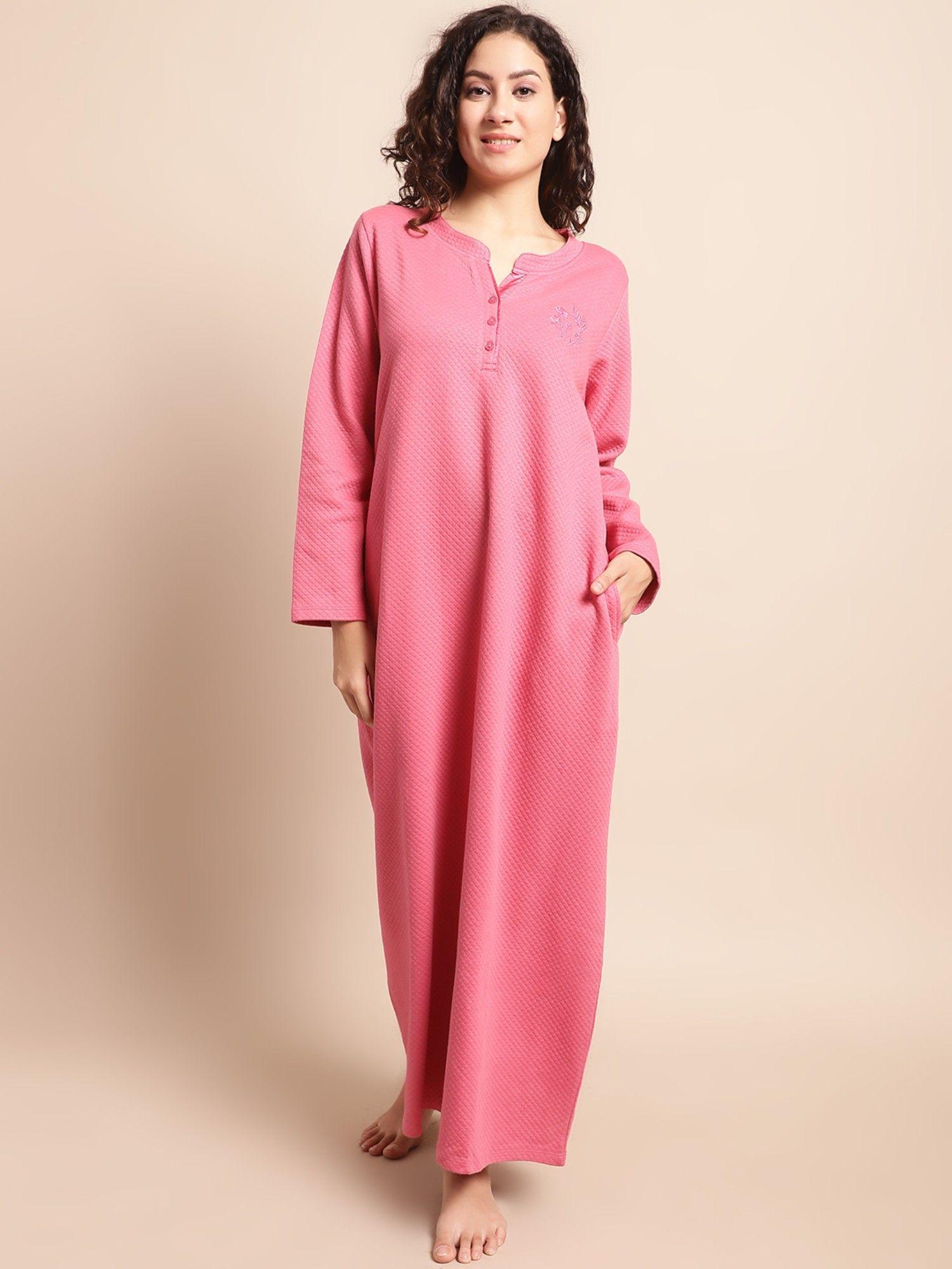 textured winter wear long nighty-pink