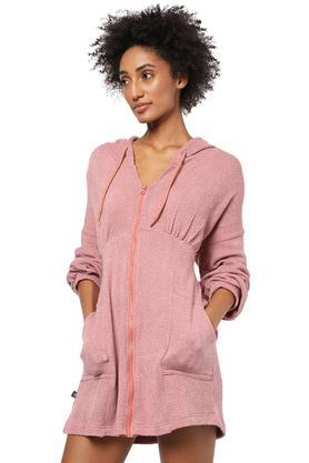 textured wool hooded women's jacket - pink