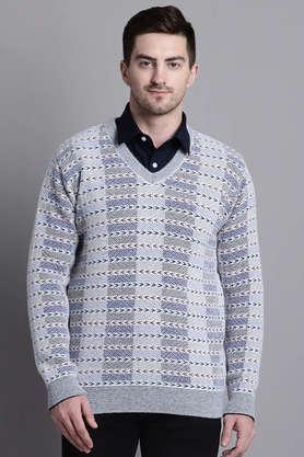 textured wool v-neck men's pullover - denim indigo light