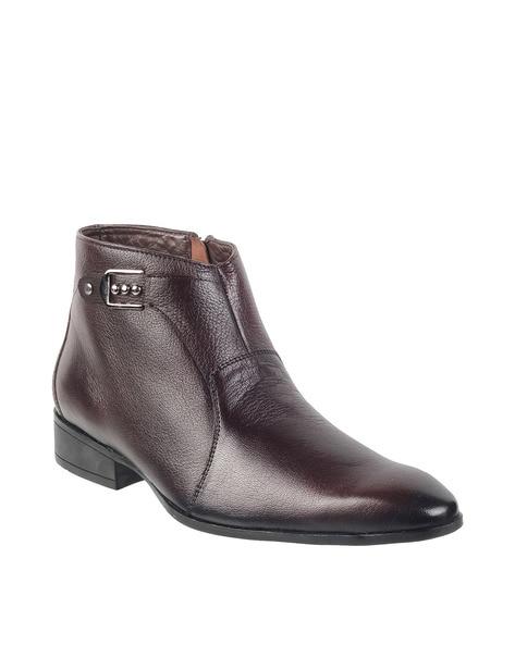 textured zip-up ankle boots with buckle accent