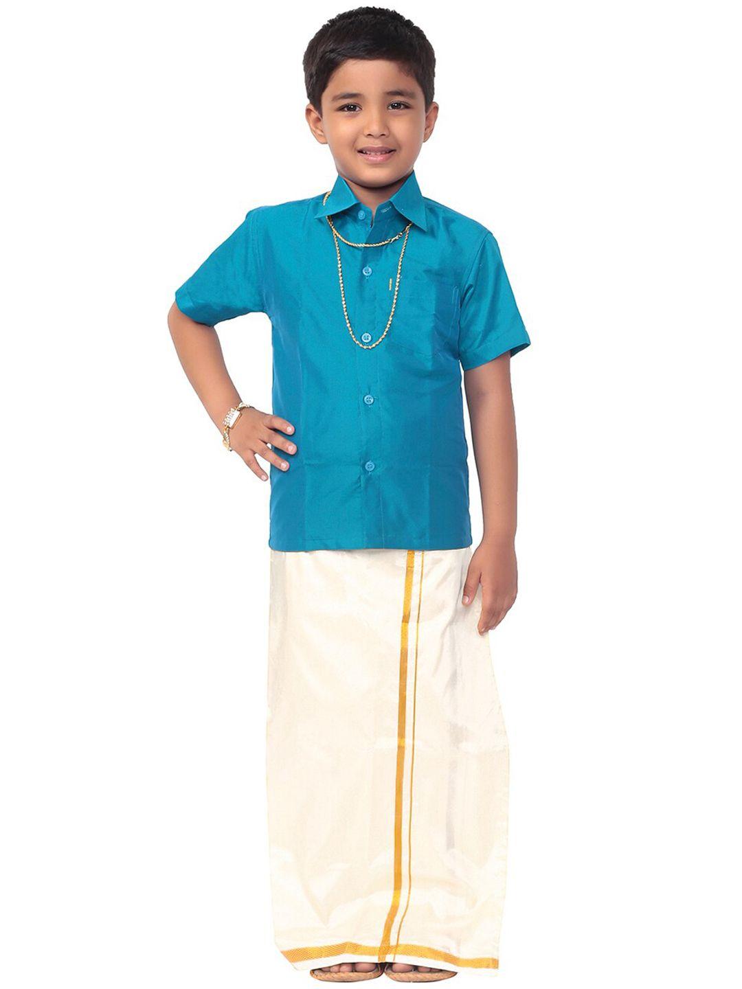 thala-thalapathy boys blue solid shirt with veshti & gift set