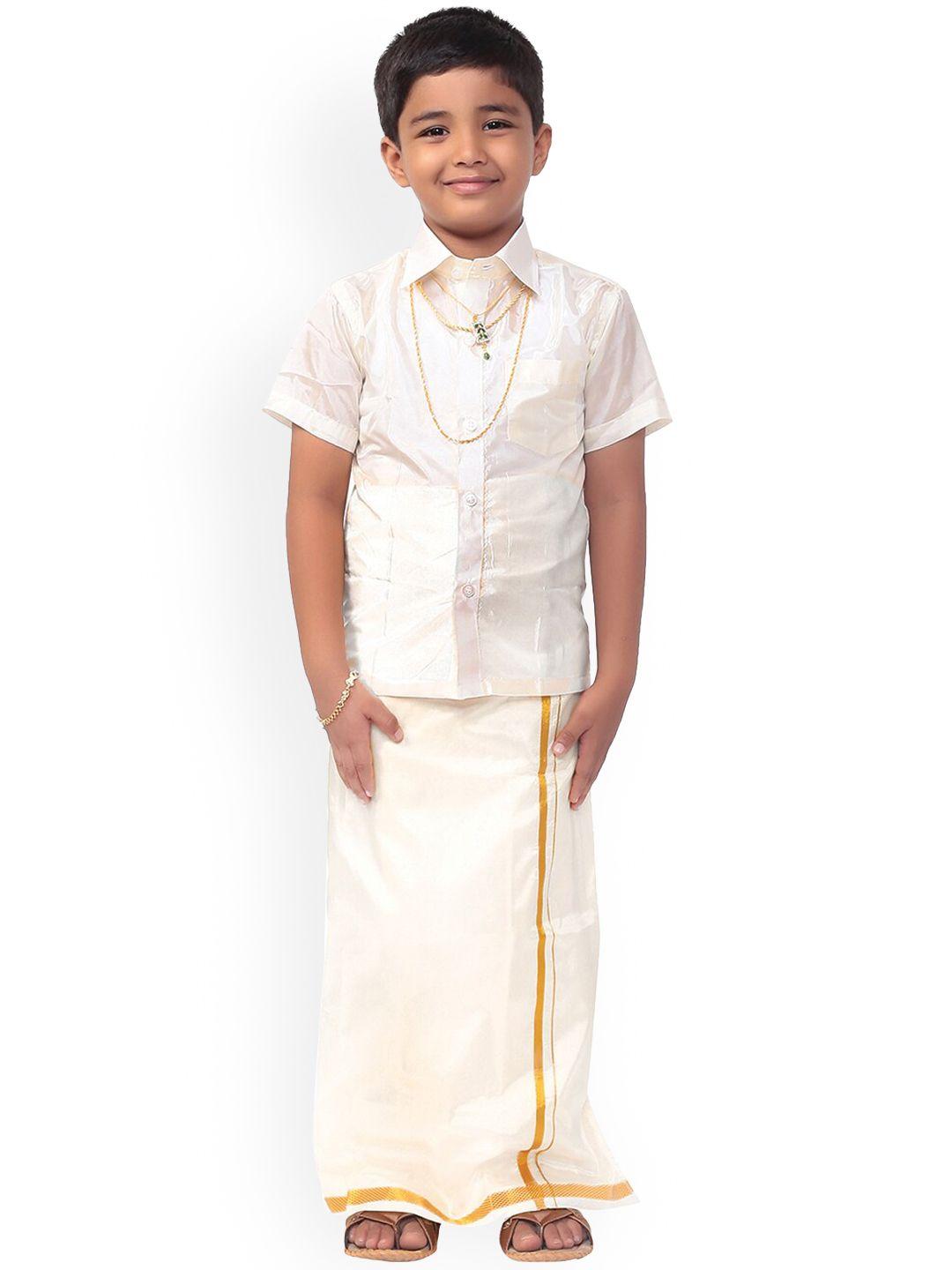 thala-thalapathy boys cream-coloured shirt and veshti with a gift set