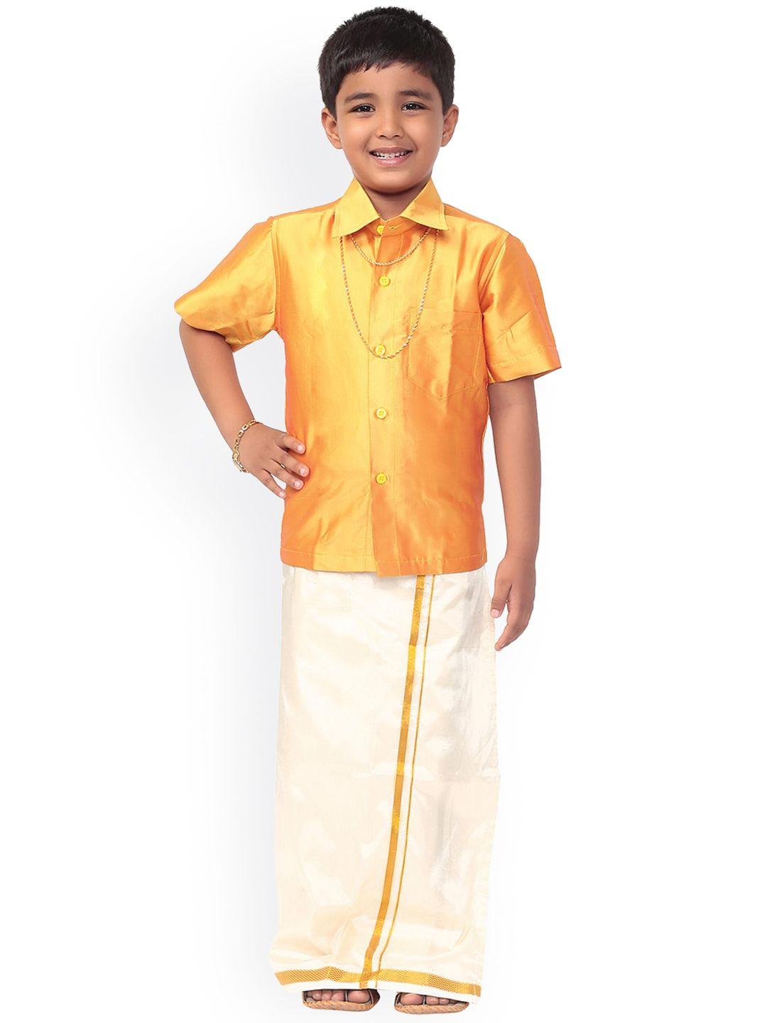 thala-thalapathy boys gold-coloured & off-white solid shirt and veshti