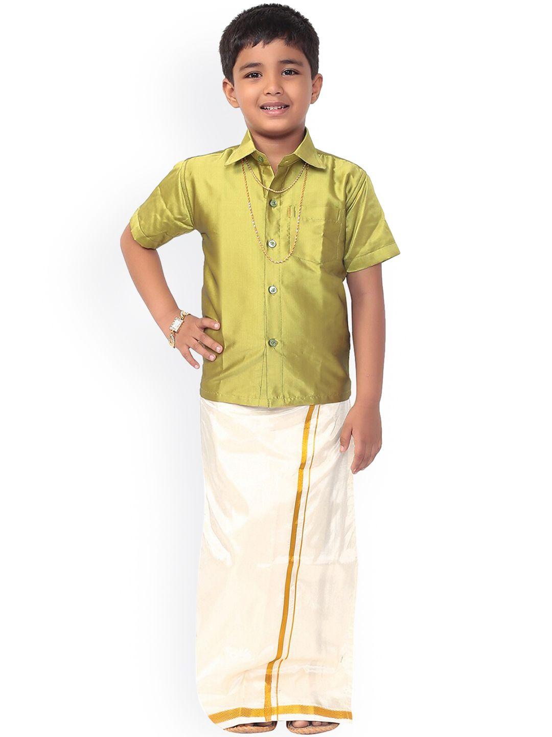 thala-thalapathy boys green solid  shirt with veshti & gift set