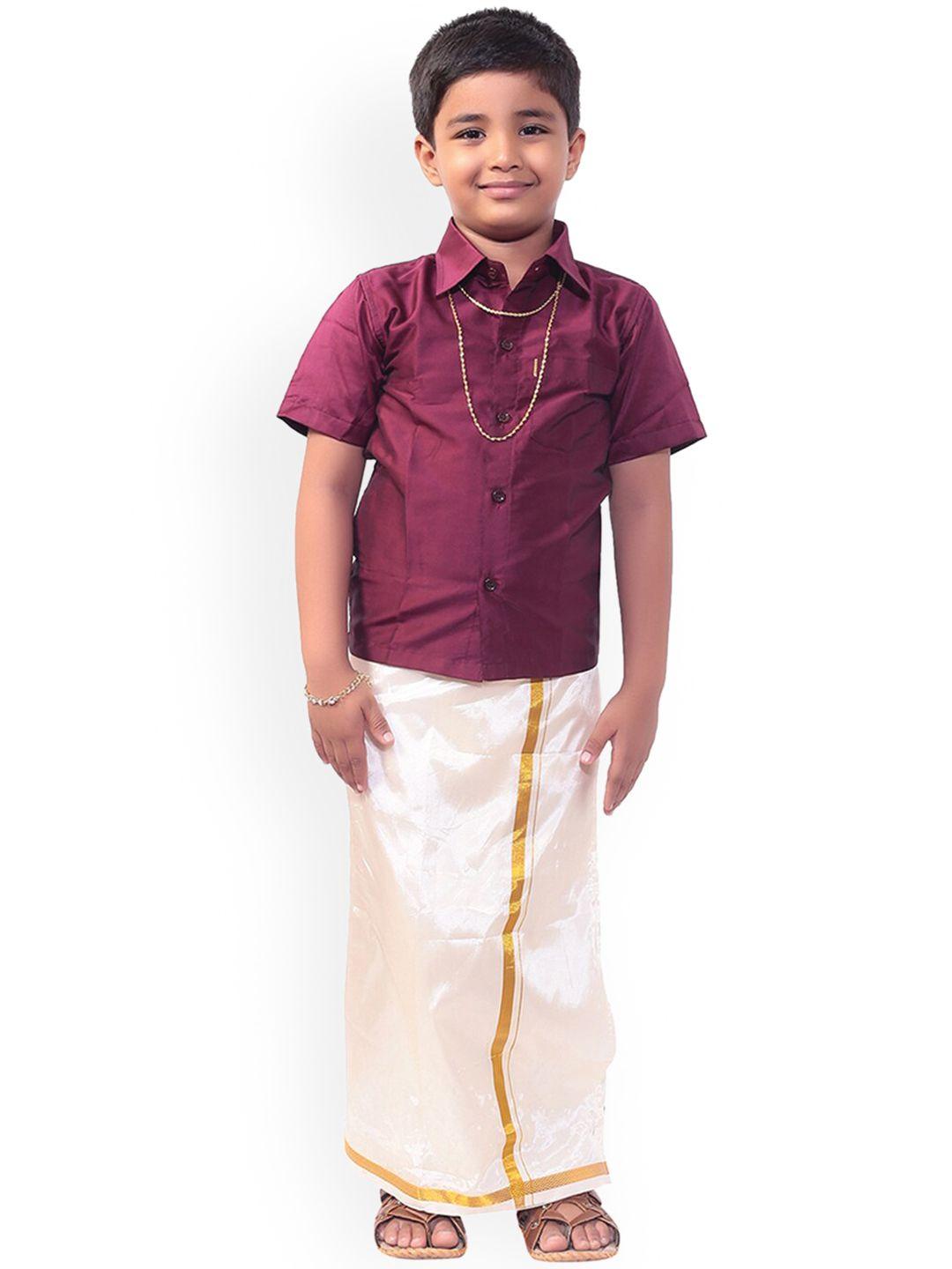 thala-thalapathy boys maroon & white solid shirt and veshti with gift set