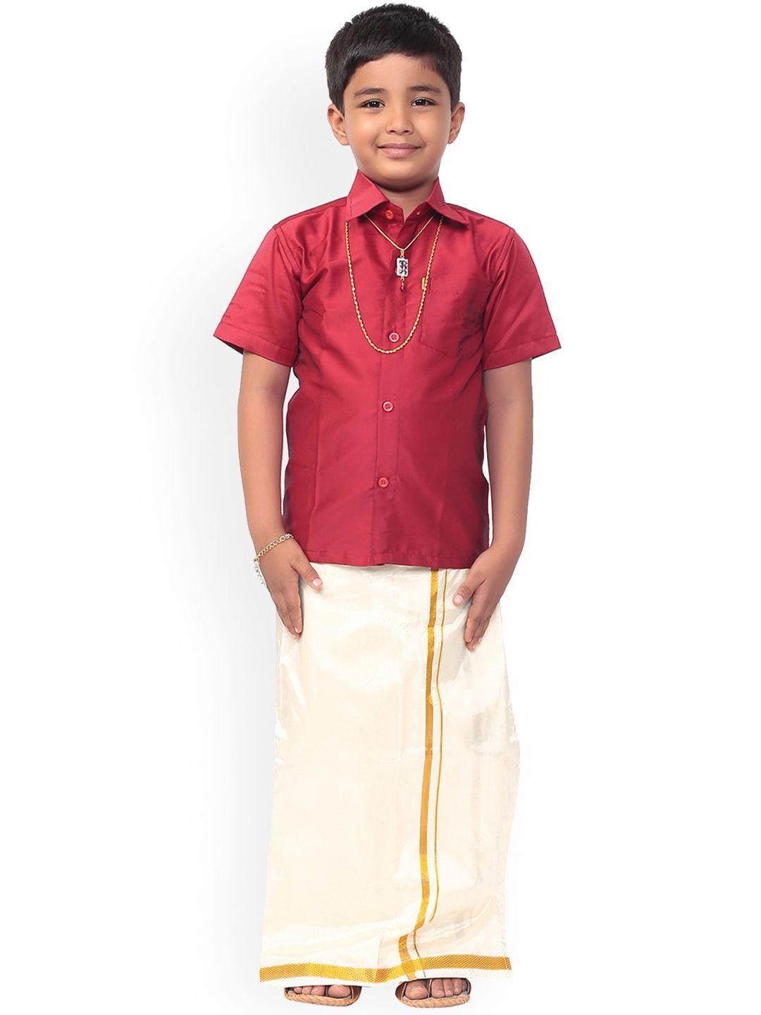 thala-thalapathy boys maroon & white solid shirt with veshti & towel with gift set