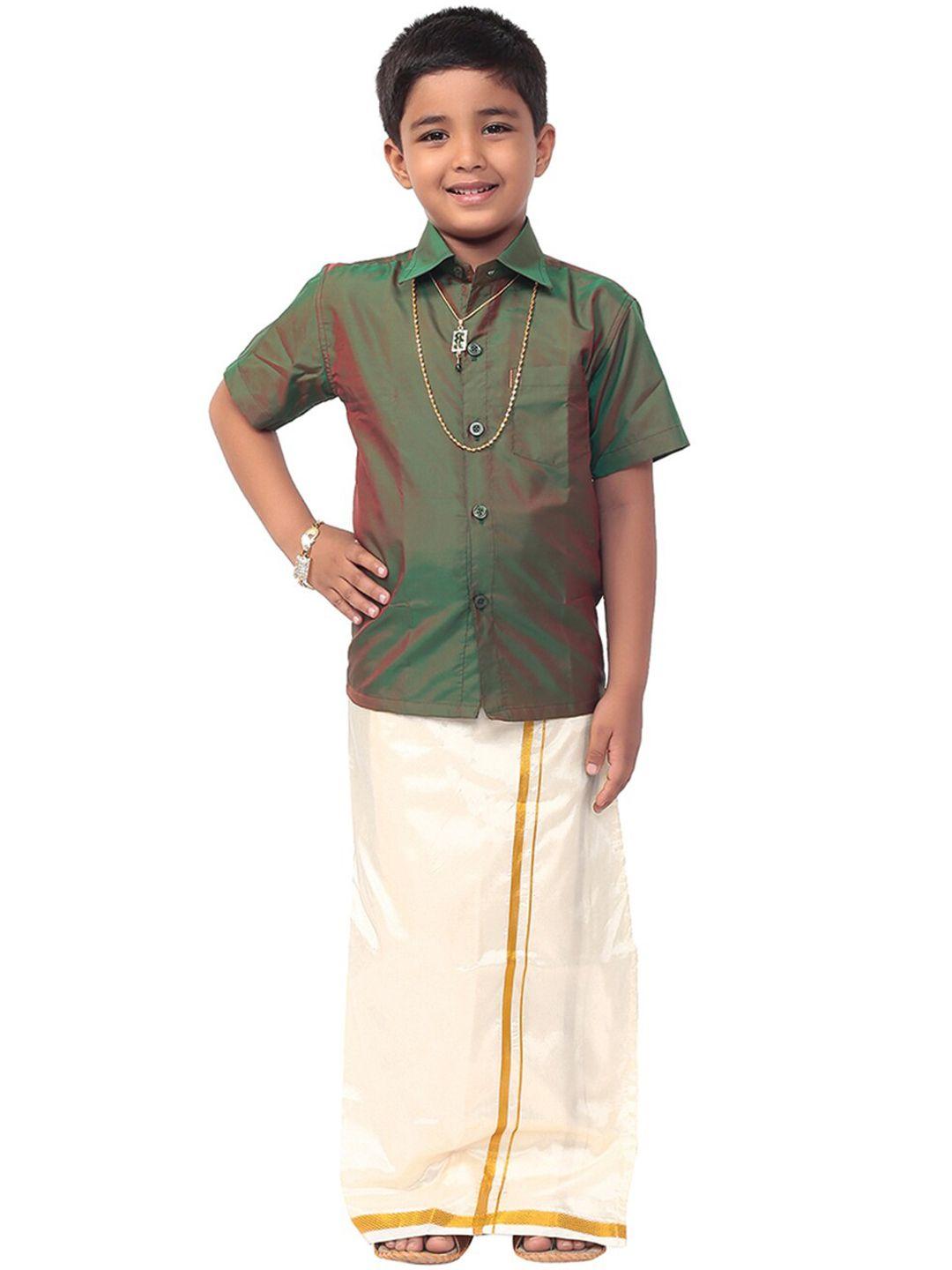 thala-thalapathy boys olive green & off-white solid shirt and veshti with gift set