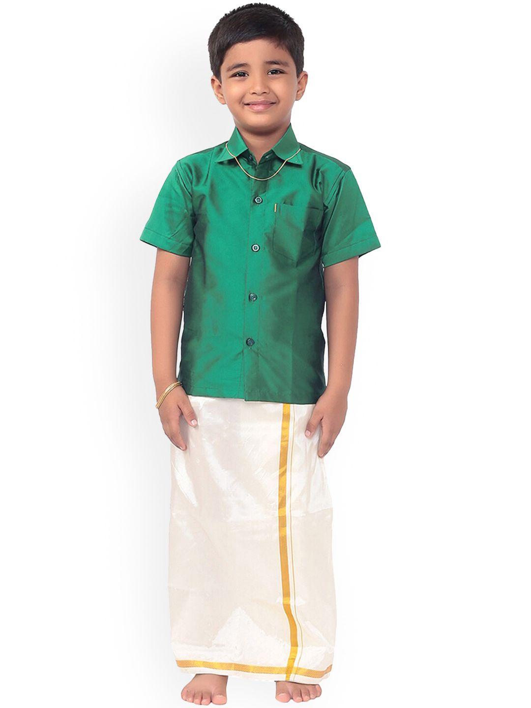 thala-thalapathy boys olive green solid shirt with veshti & gift set