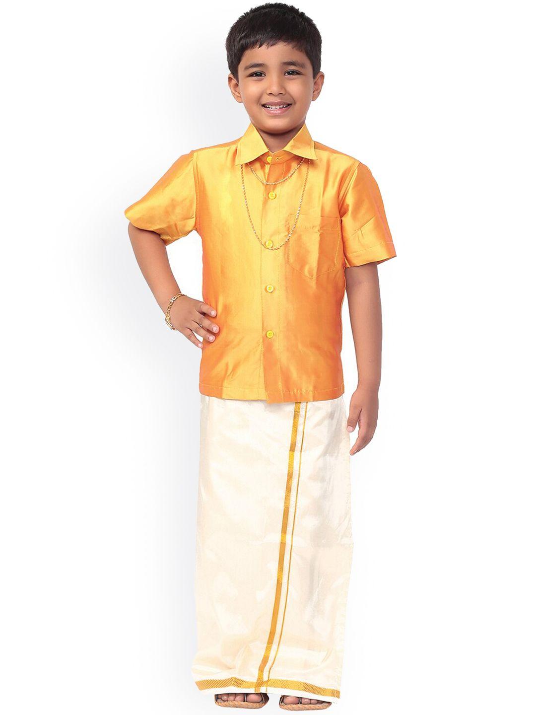 thala-thalapathy boys orange & cream-colored solid shirt and veshti