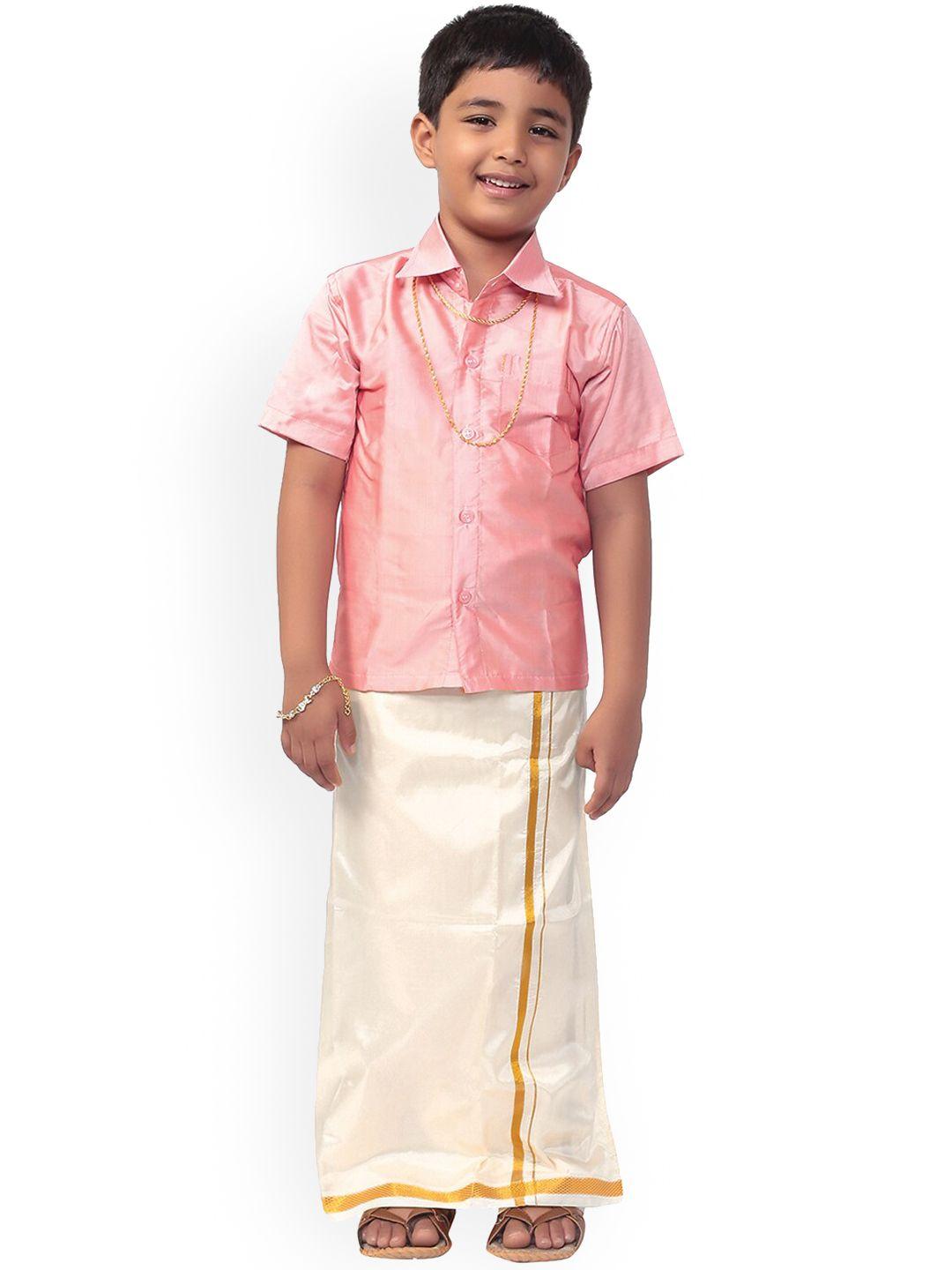 thala-thalapathy boys pink & off-white solid shirt and veshti