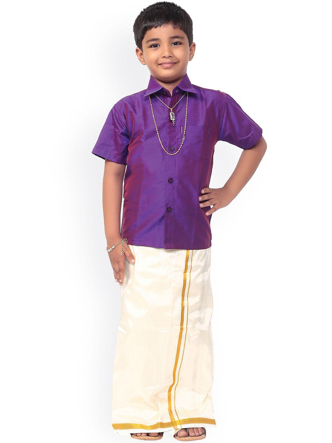 thala-thalapathy boys purple & cream-coloured solid shirt and veshti with a gift set