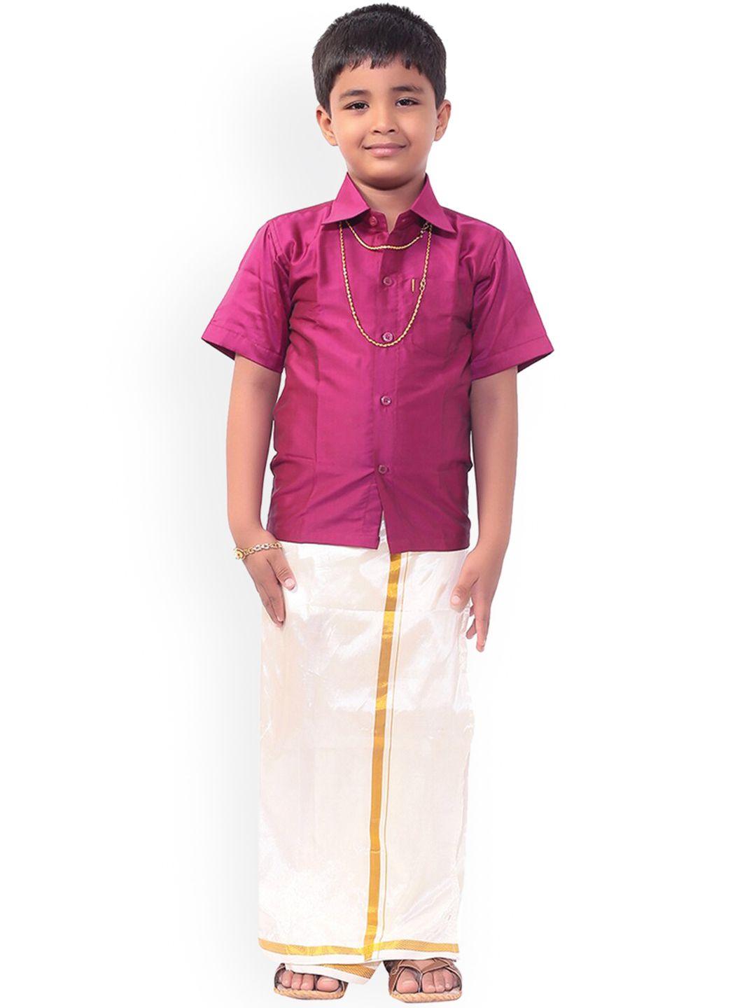 thala-thalapathy boys purple solid shirt with veshti & gift set