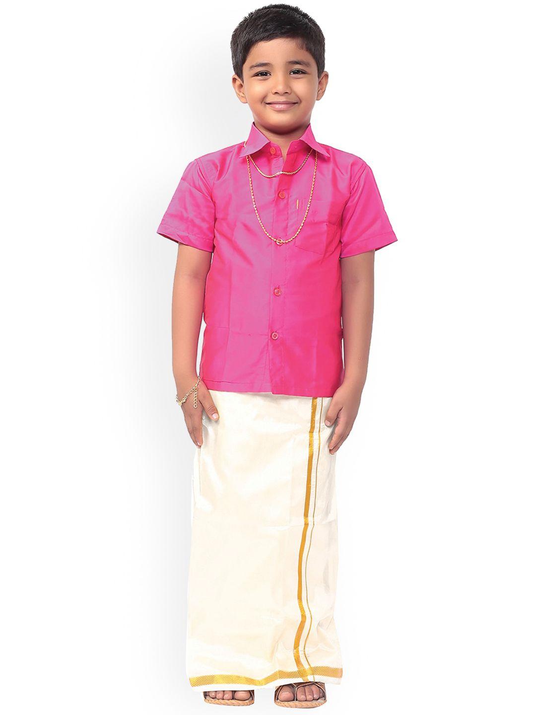 thala-thalapathy boys rose-coloured & off-white solid shirt and veshti