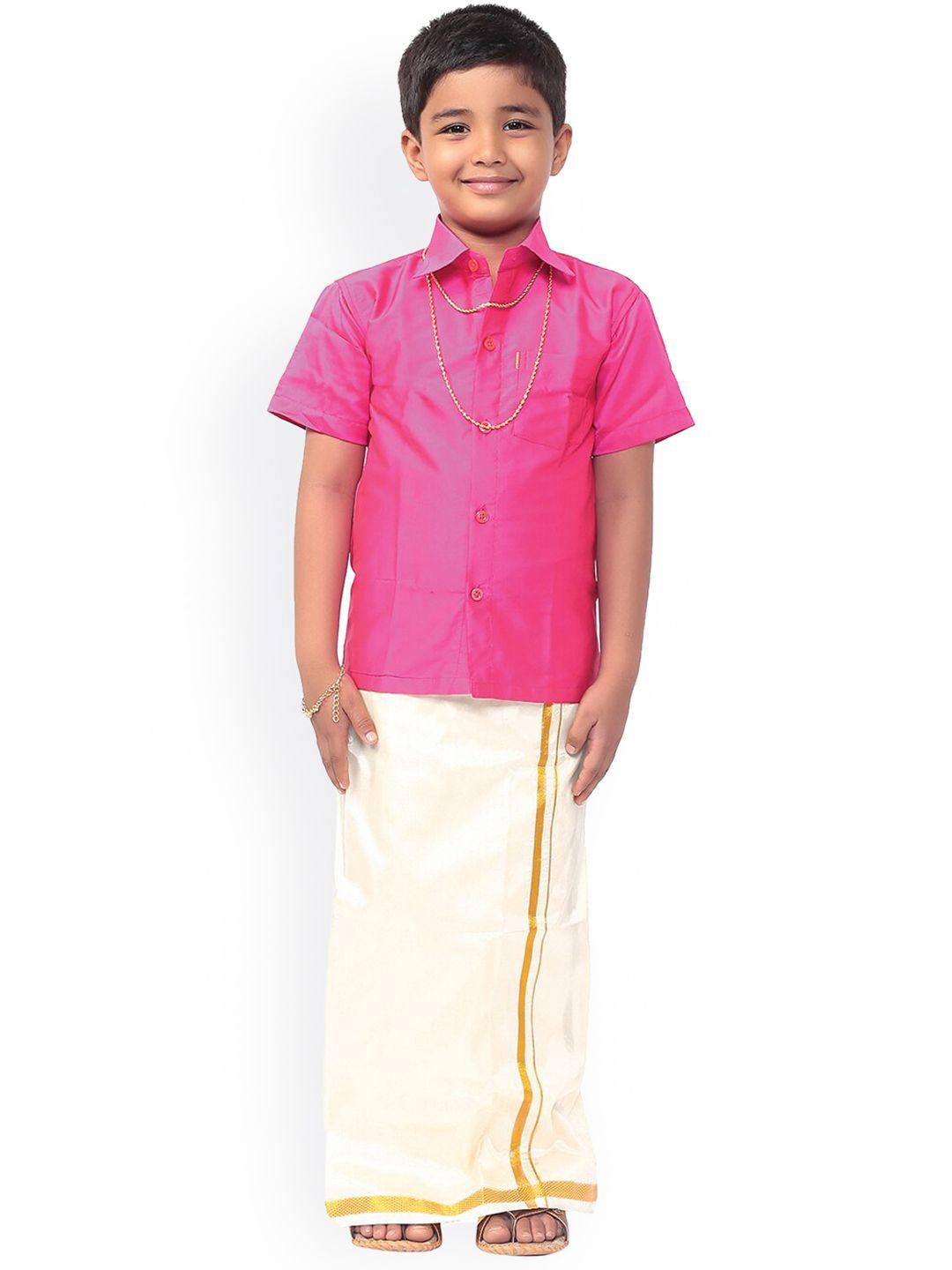 thala-thalapathy boys rose pink & off-white solid shirt and veshti