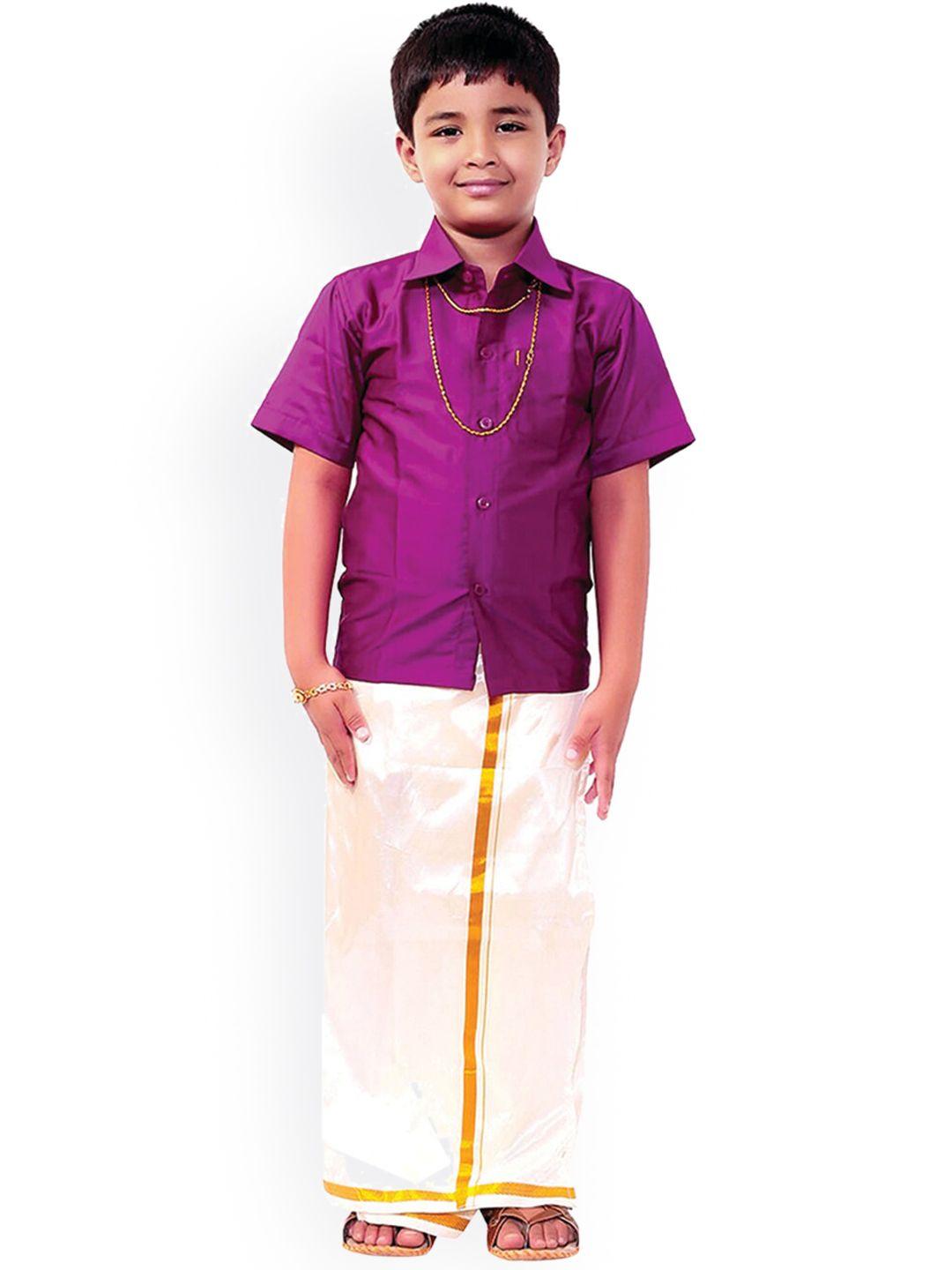 thala-thalapathy boys violet & off-white solid shirt with veshti & towel with gift set