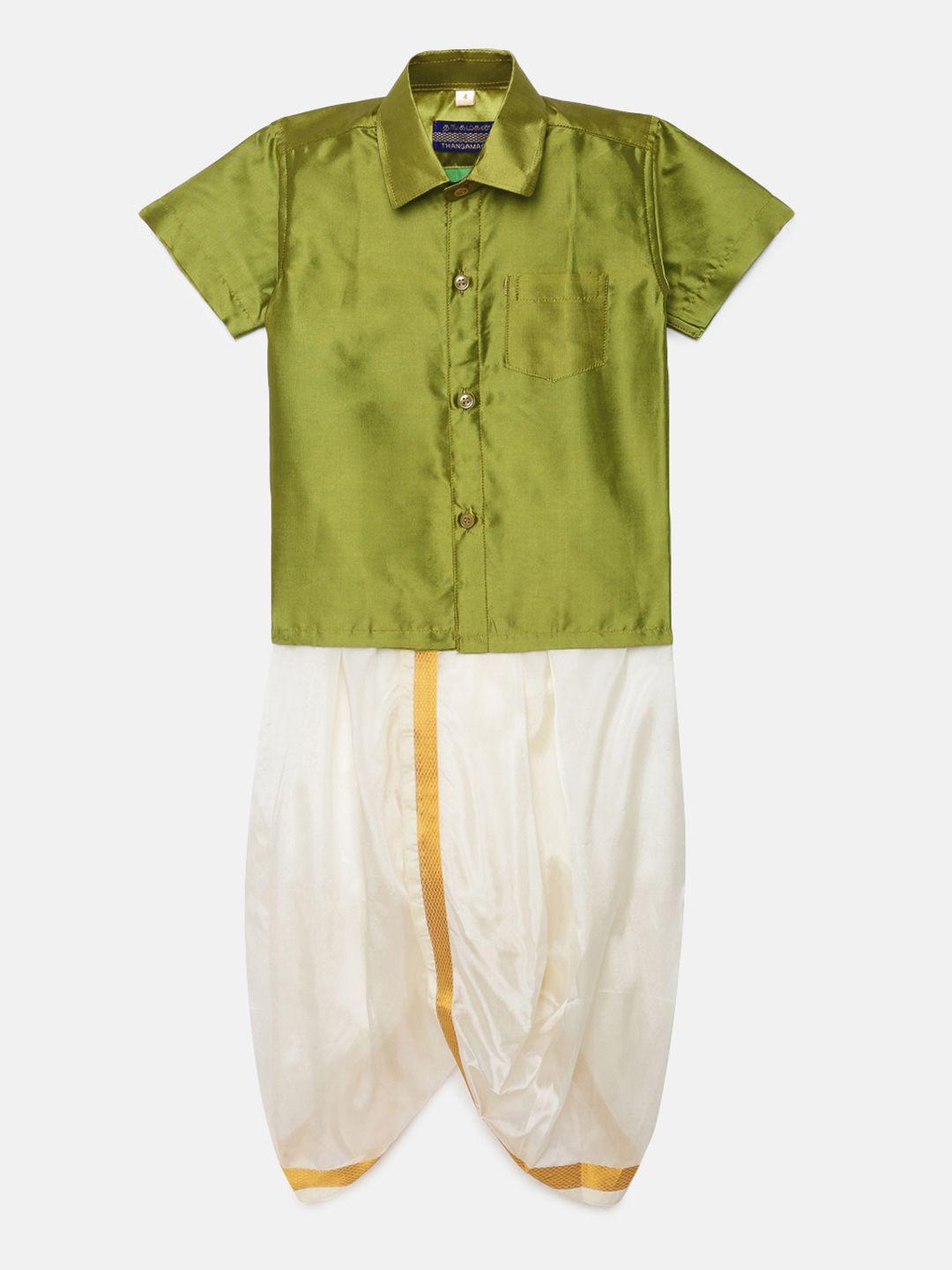 thangamagan boys green solid panjagajam & shirt set