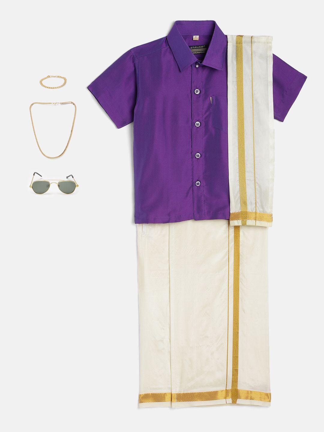 thangamagan boys purple shirt with self-attaching dhoti, towel and freebies set