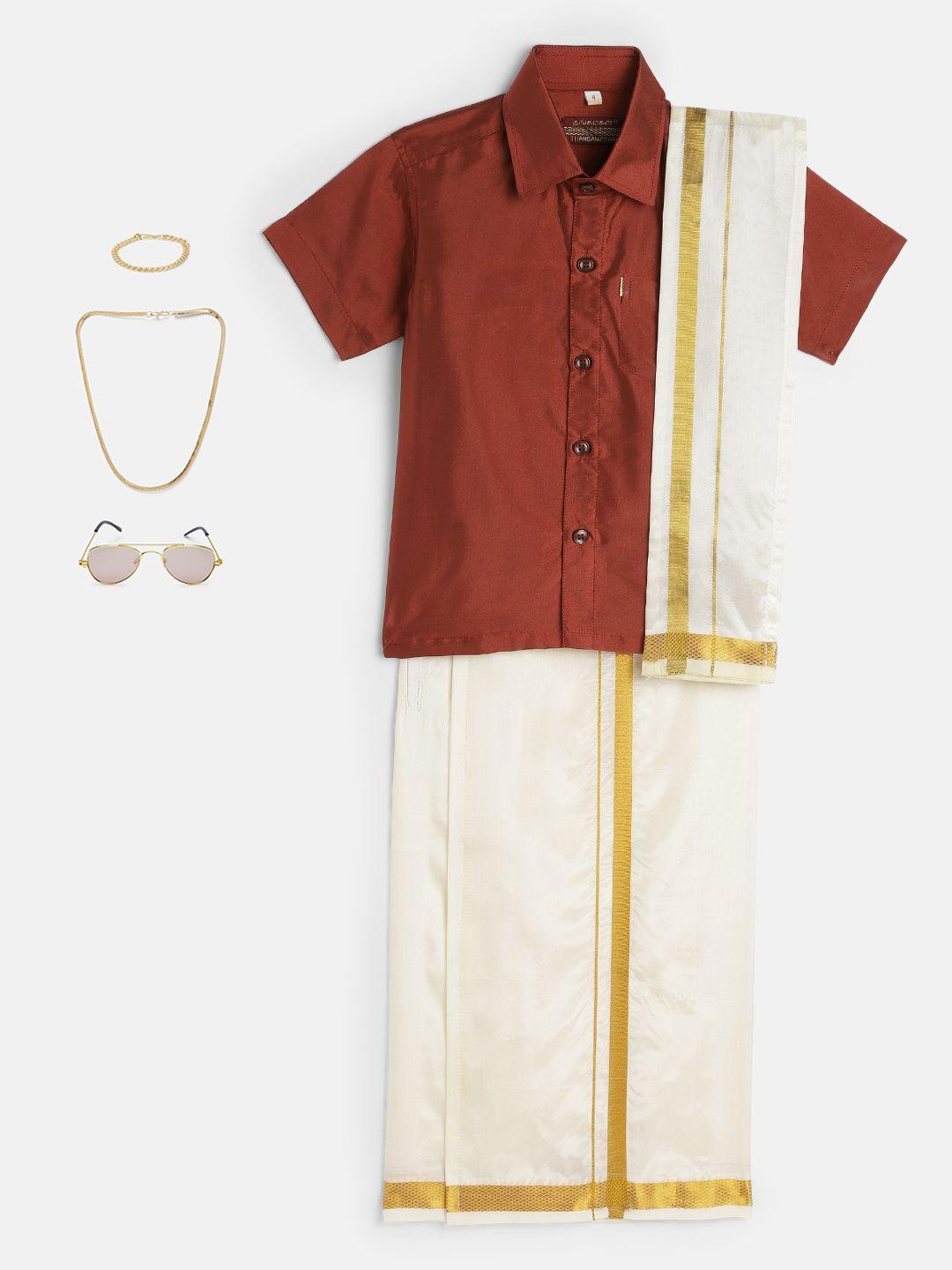 thangamagan boys rust & cream-coloured solid shirt with dhoti pants & freebies set