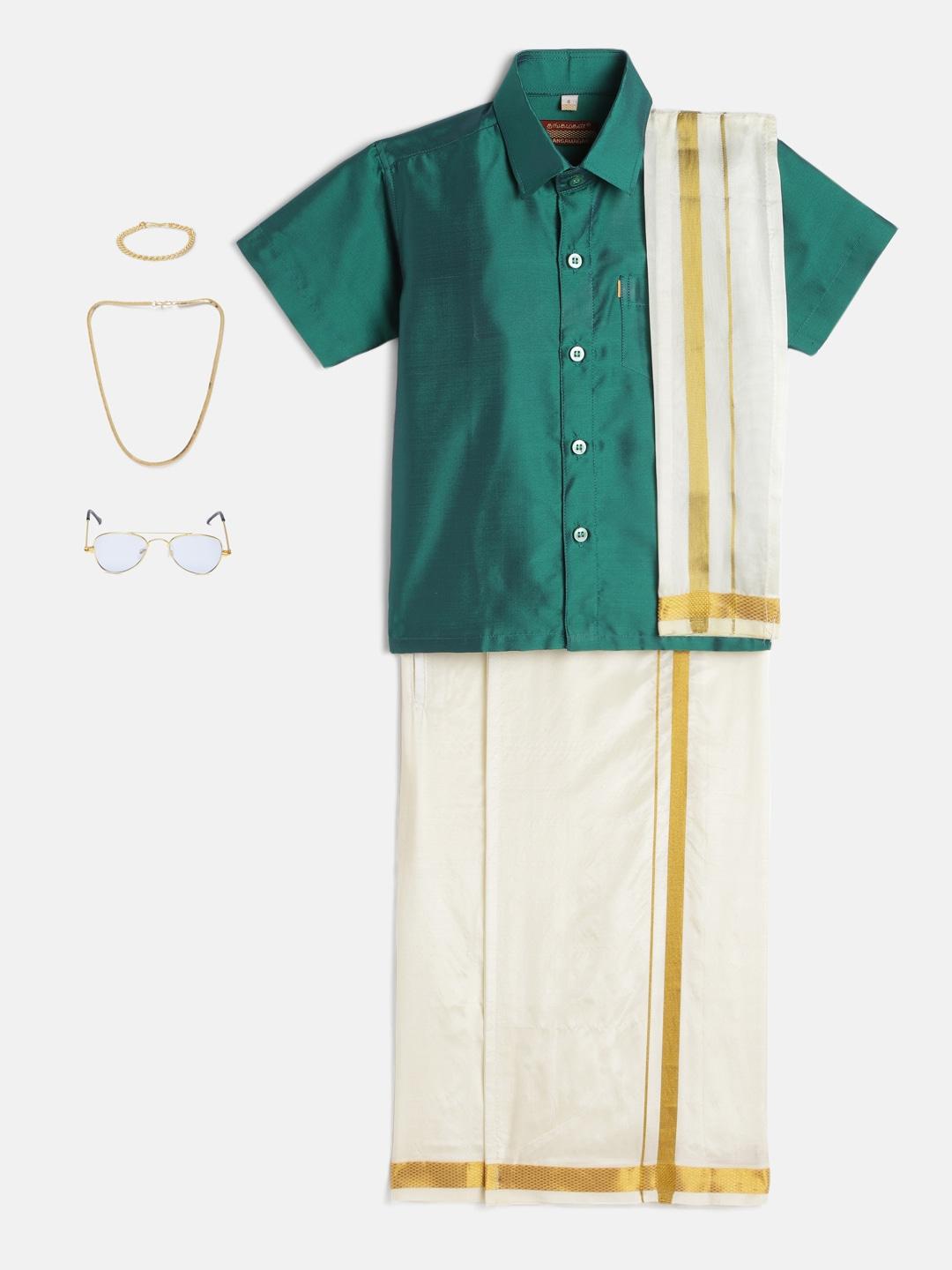 thangamagan boys sea green shirt with cream-coloured dhoti, towel, and freebies set