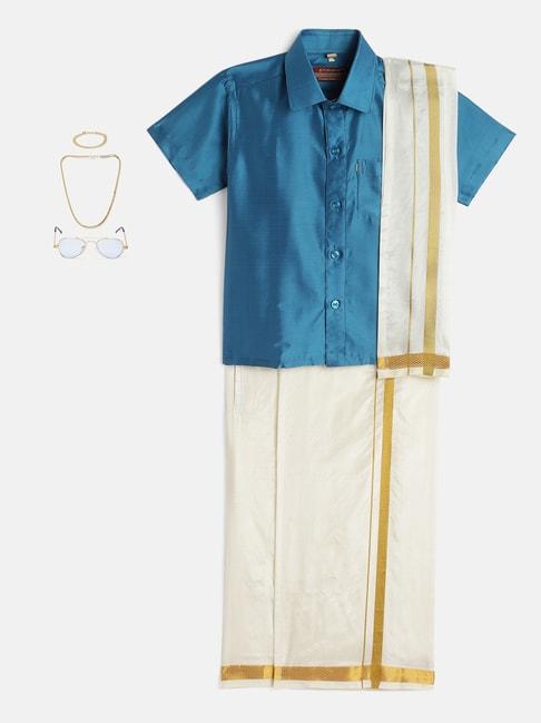 thangamagan-kids-blue-&-cream-solid--shirt,--dhoti,--towel-with--freebies-set