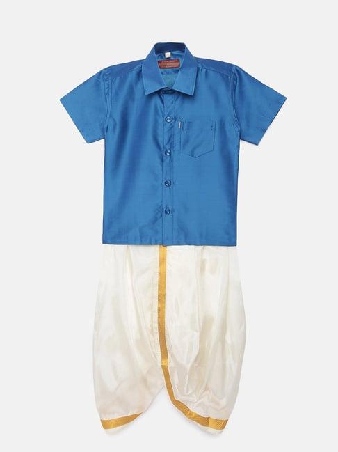 thangamagan-kids-blue-&-cream-solid-shirt-with-panjagajam