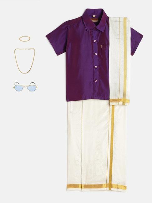 thangamagan kids purple & cream solid  shirt,  dhoti,  towel with  freebies set