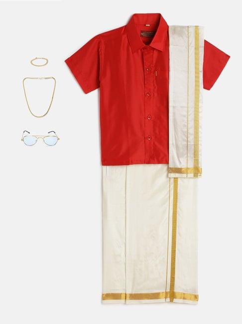 thangamagan kids red & cream solid  shirt,  dhoti,  towel &  freebies set