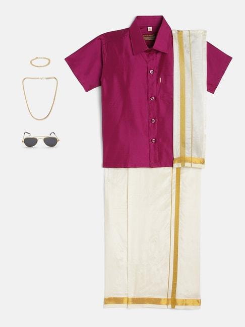 thangamagan kids violet & cream solid  shirt,  dhoti,  towel with  freebies set