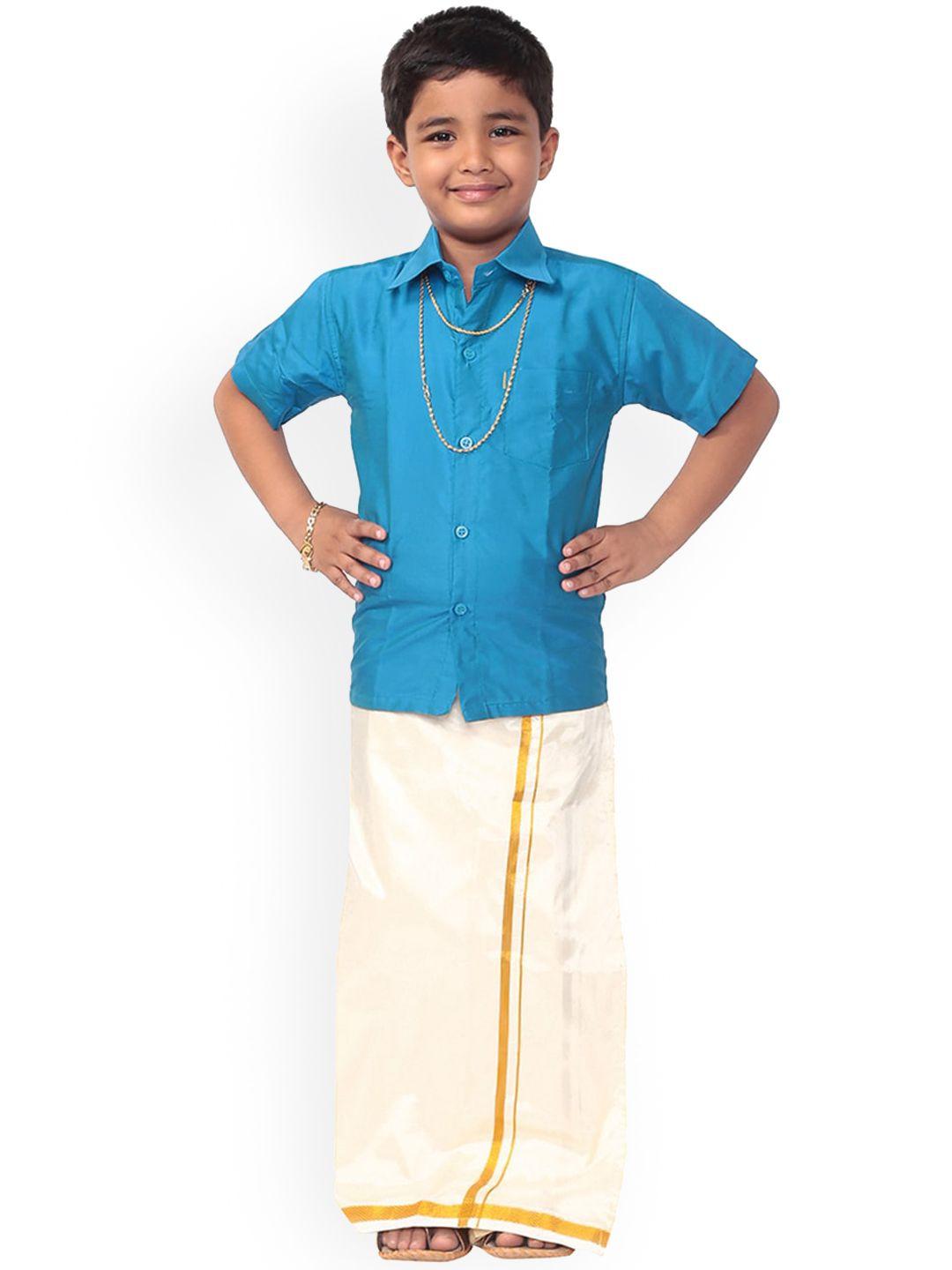 thangamagan boys blue & cream coloured solid shirt and veshti