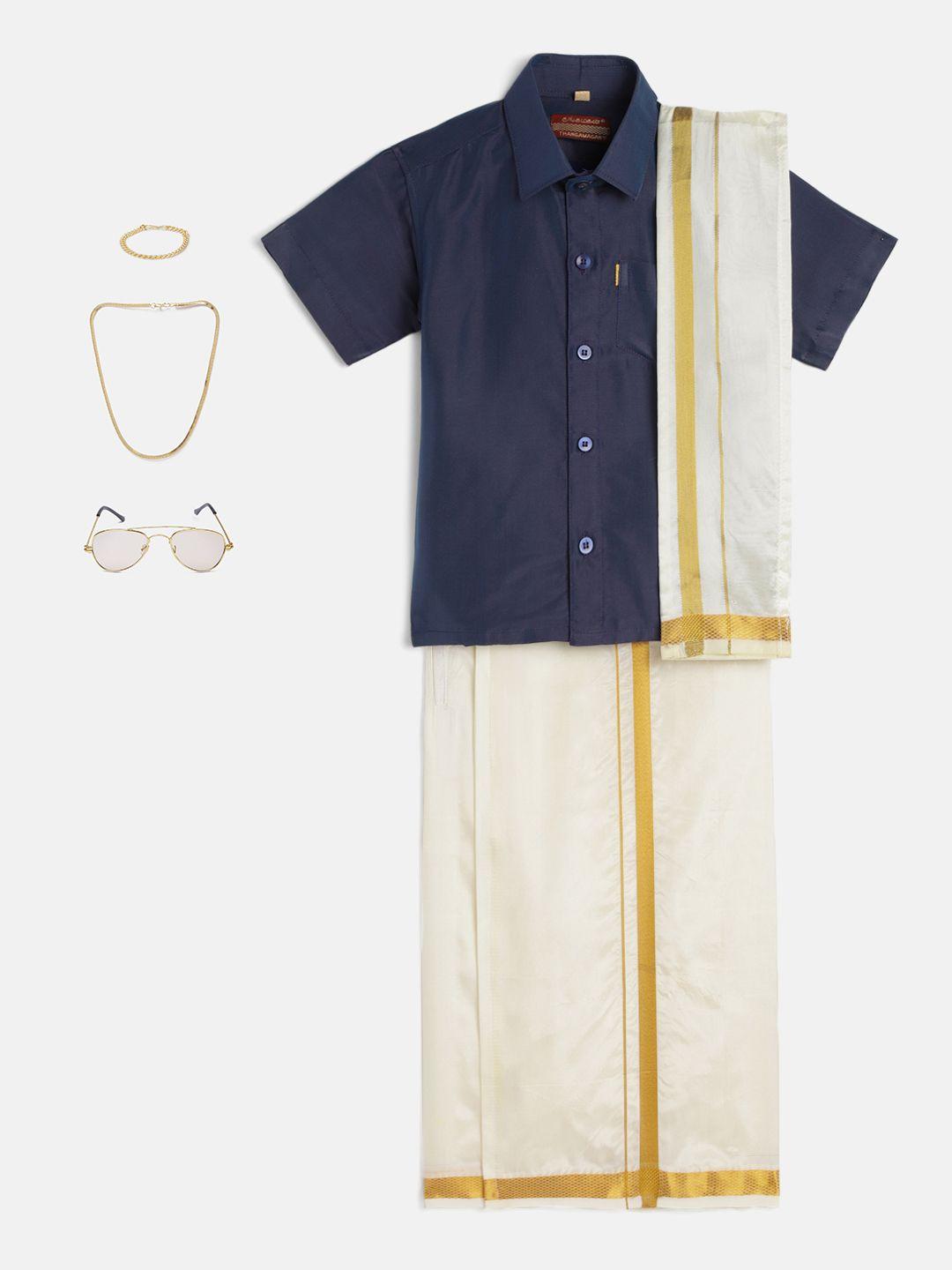 thangamagan boys blue & cream-coloured solid shirt with dhoti pants & accessories set
