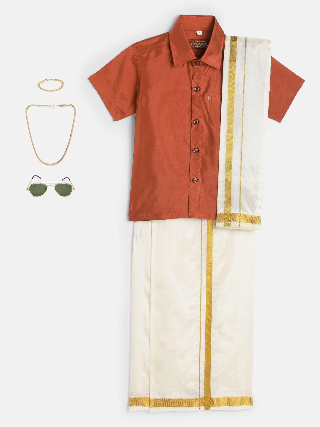 thangamagan boys coral & cream-coloured solid shirt with dhoti pants & freebies set