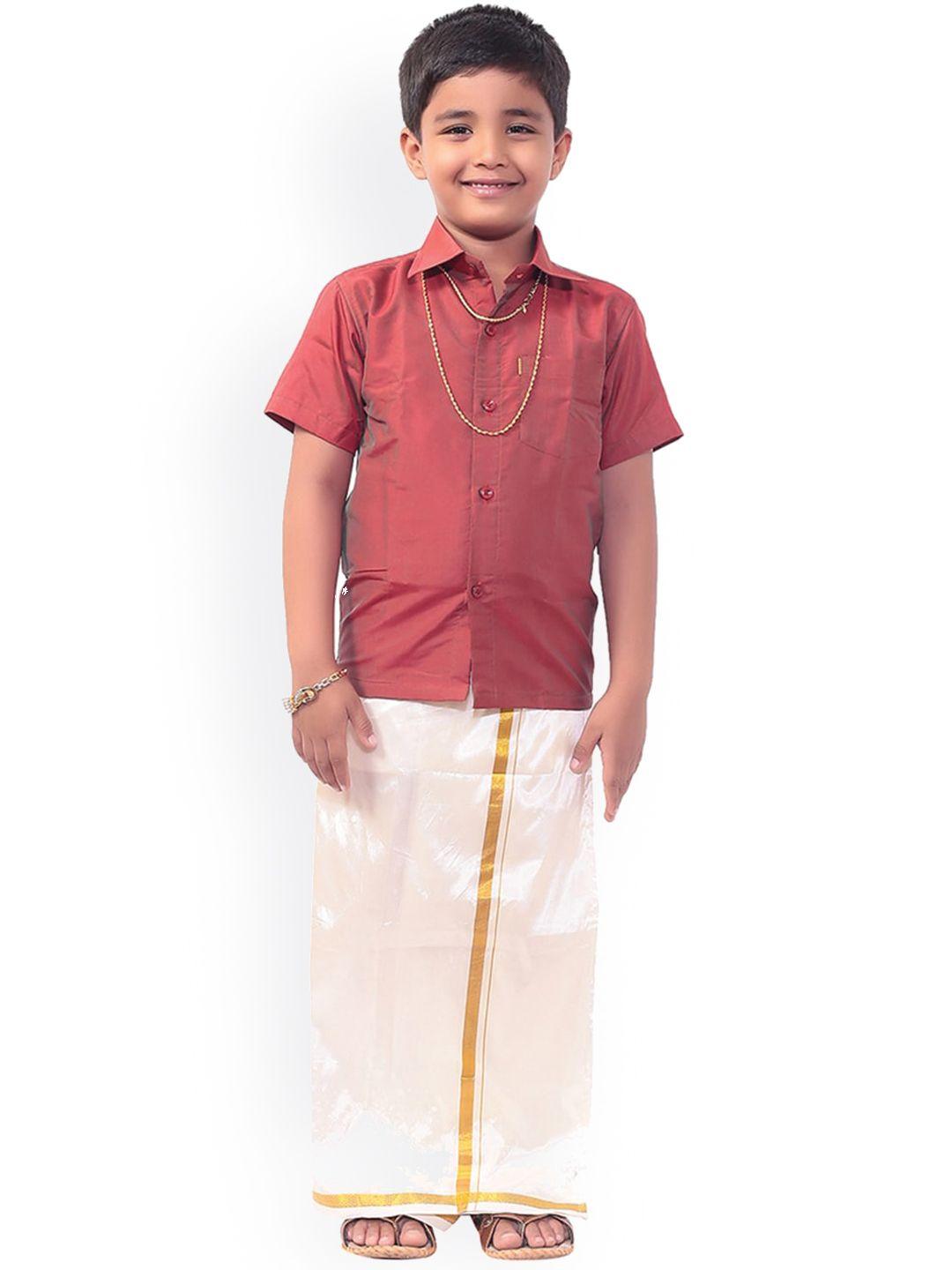 thangamagan boys coral red & off- white solid shirt and veshti