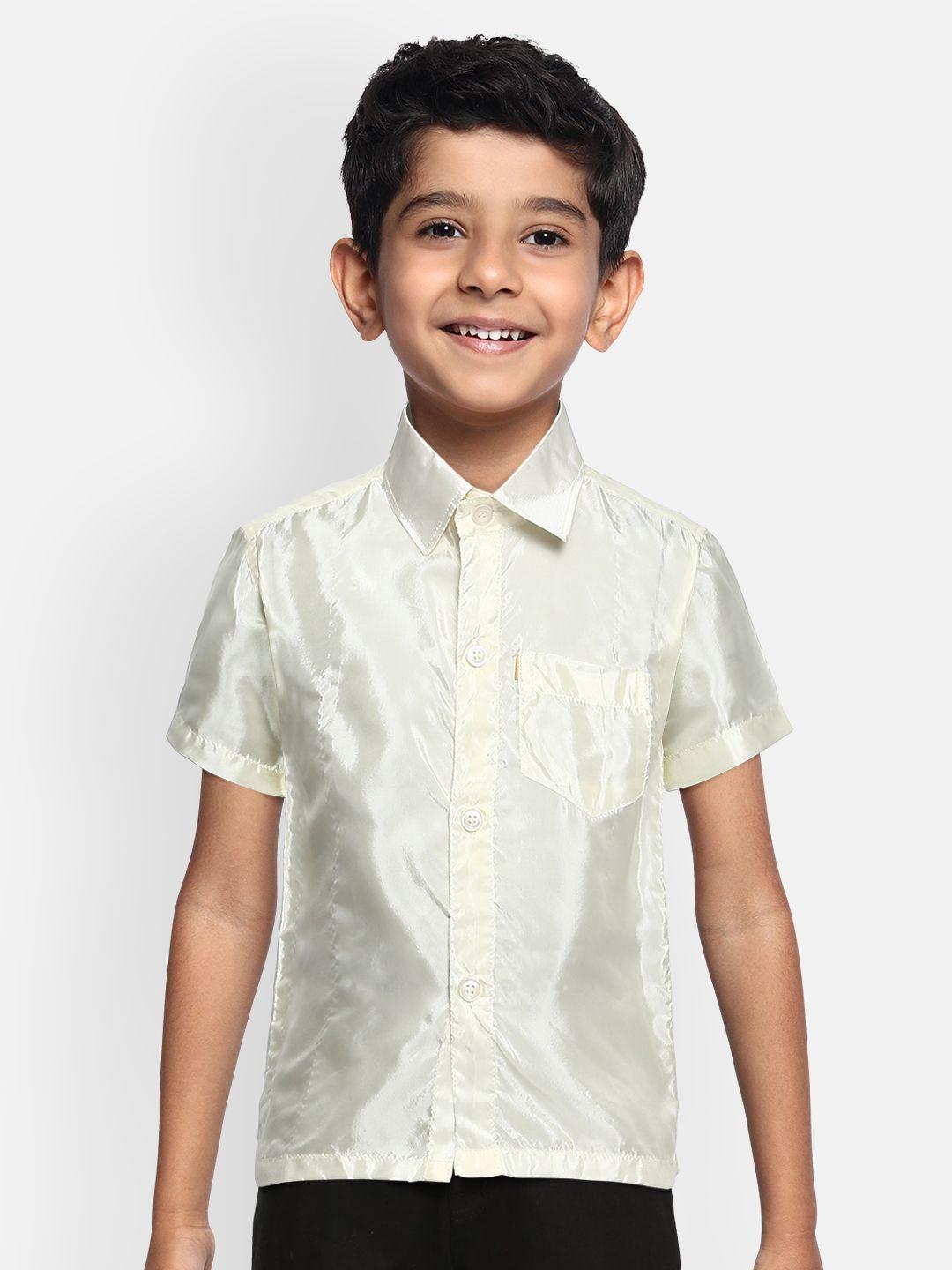thangamagan boys cream-coloured regular fit solid casual shirt