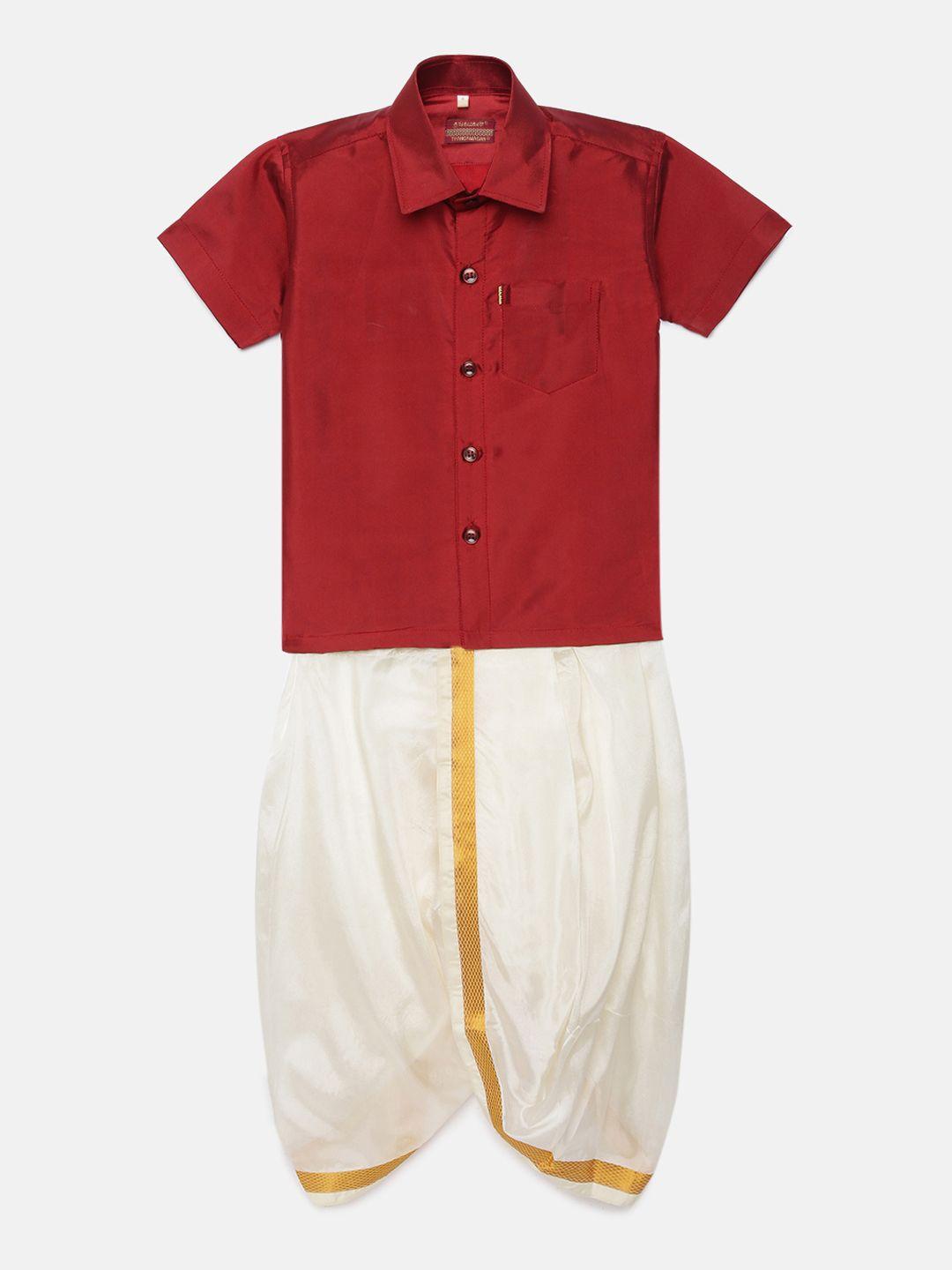 thangamagan boys fire brick red solid panjagajam & shirt set