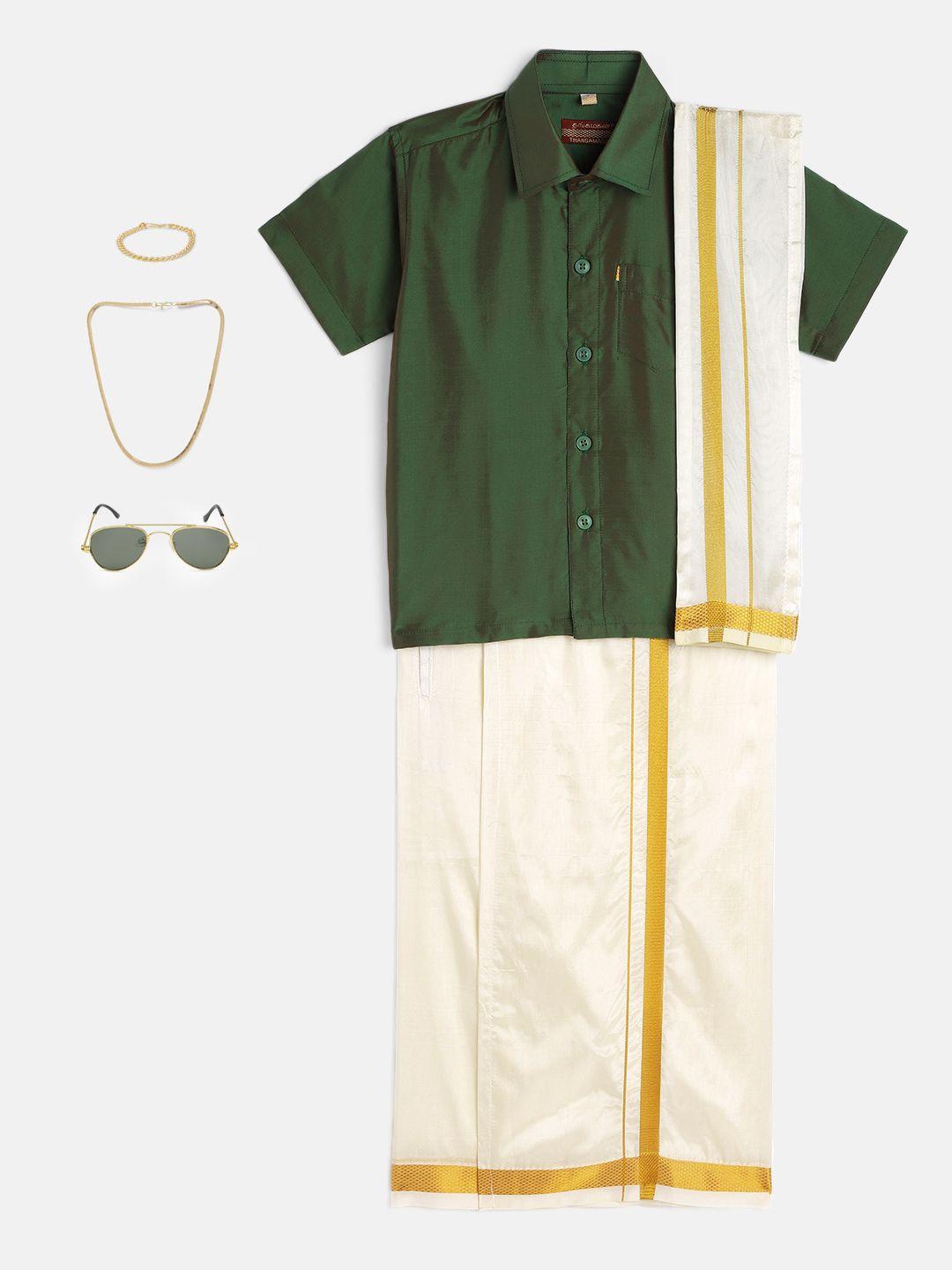 thangamagan boys green & cream-coloured solid shirt with dhoti pants & freebies set