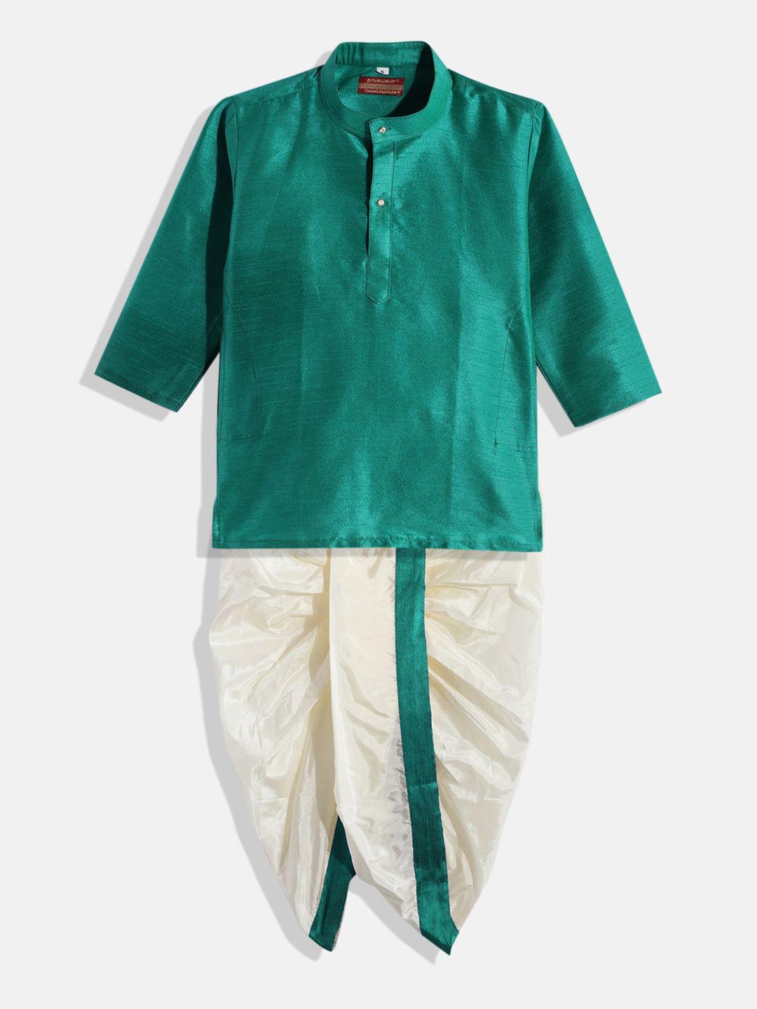 thangamagan boys green & white shirt with dhoti pants