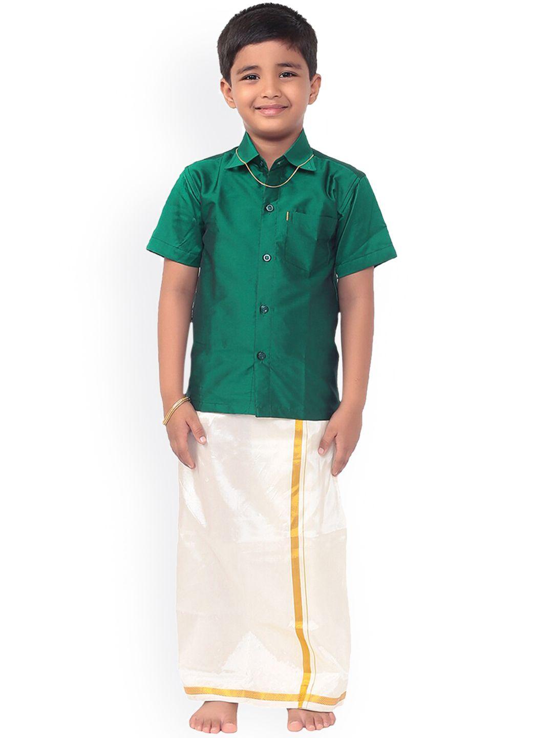 thangamagan boys green & white solid shirt and veshti