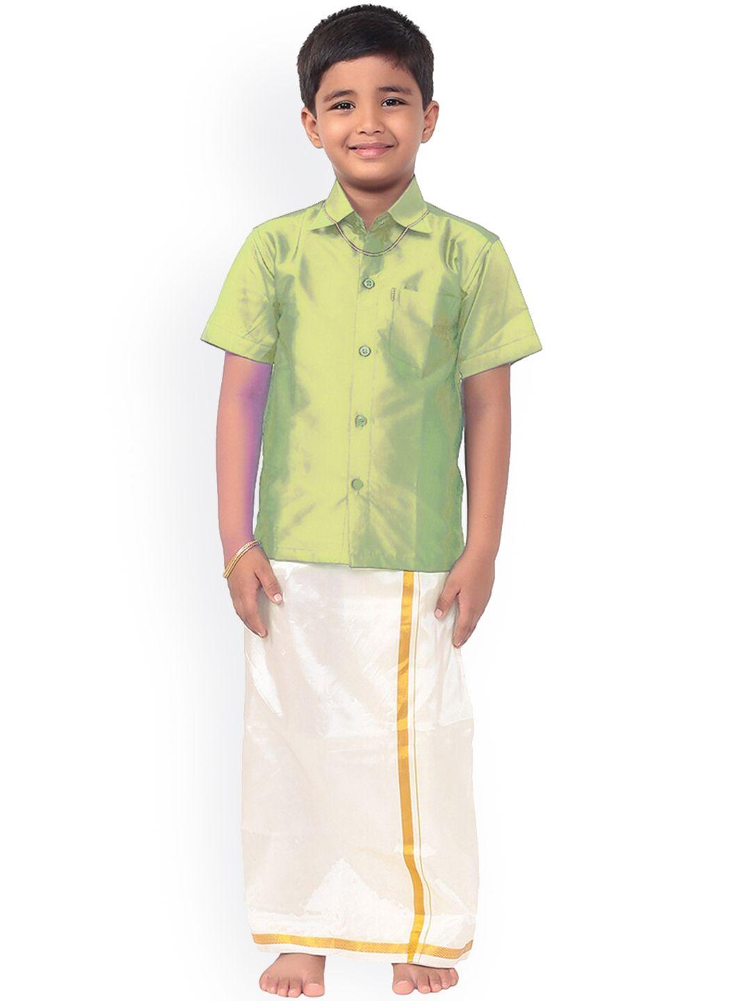 thangamagan boys green & white solid shirt and veshti