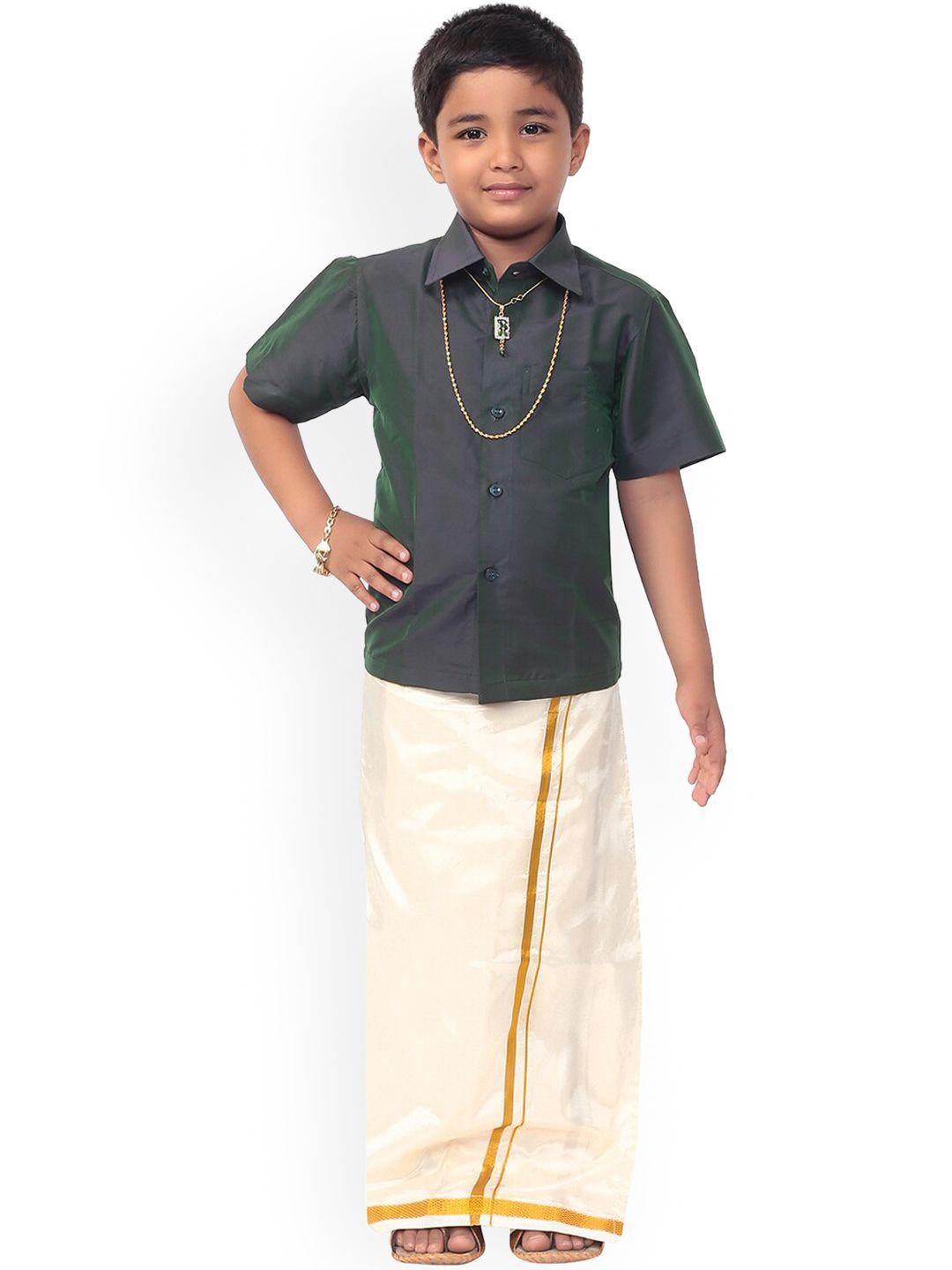 thangamagan boys green & white solid shirt and veshti