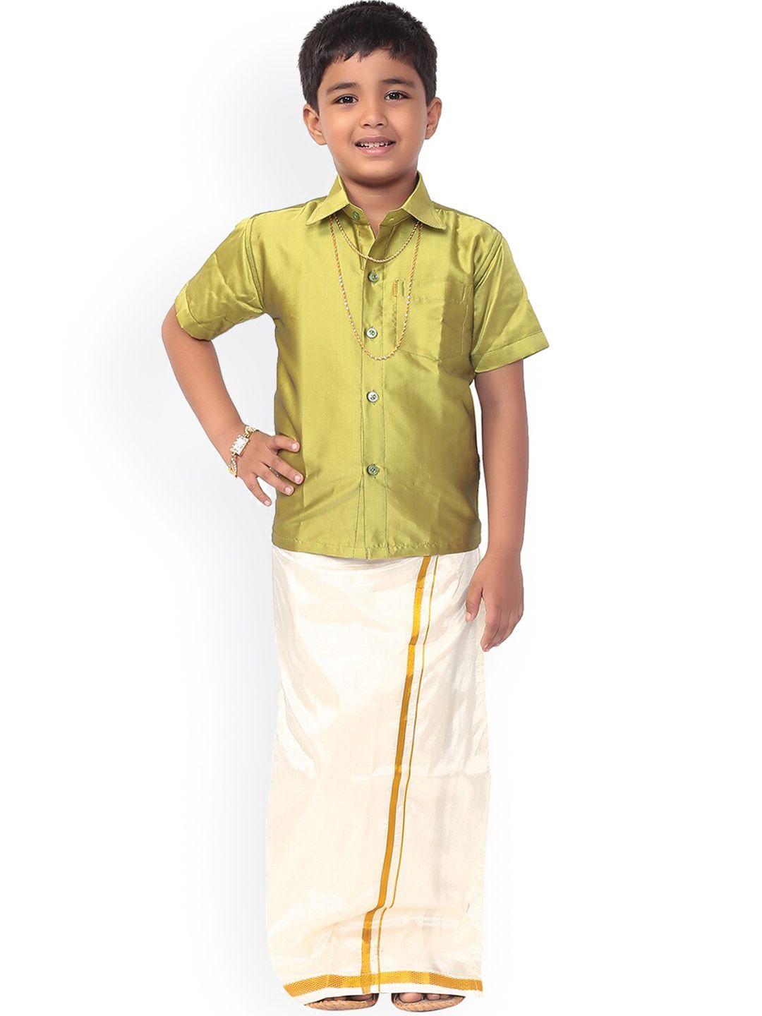 thangamagan boys green & white solid shirt and veshti