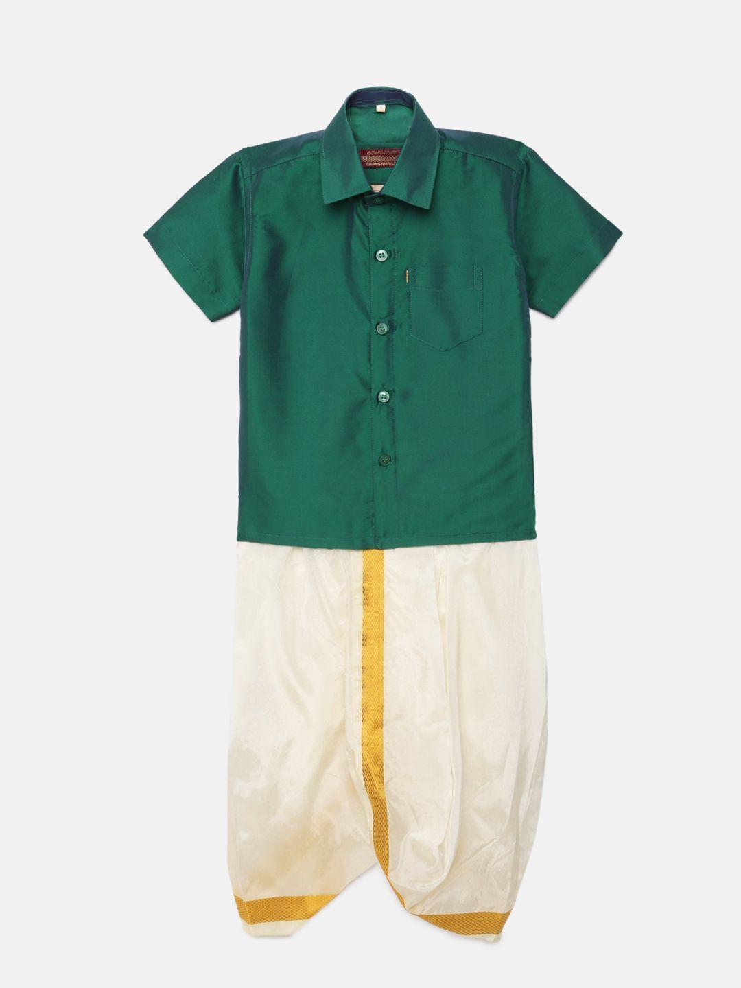 thangamagan boys green solid panjagajam & shirt set
