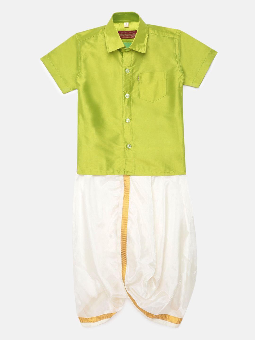 thangamagan boys light parrot green solid panjagajam & shirt set