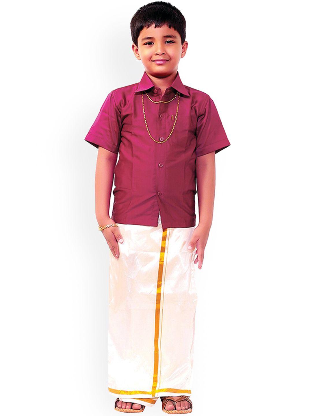 thangamagan boys magenta & white solid shirt and veshti