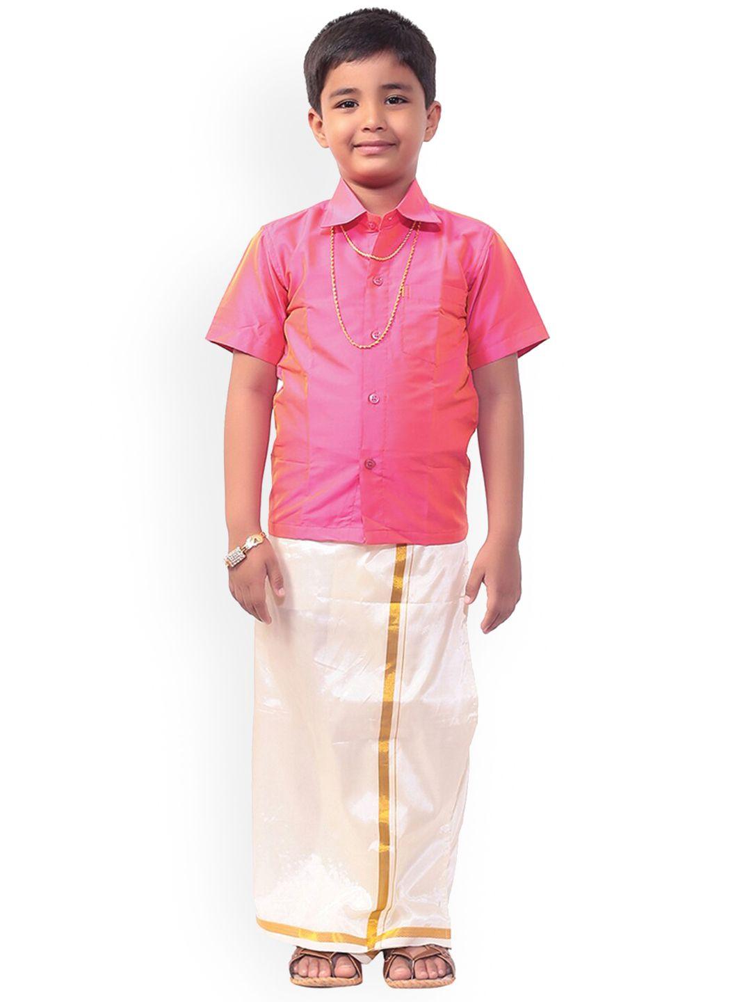 thangamagan boys magenta pink & white solid shirt and veshti