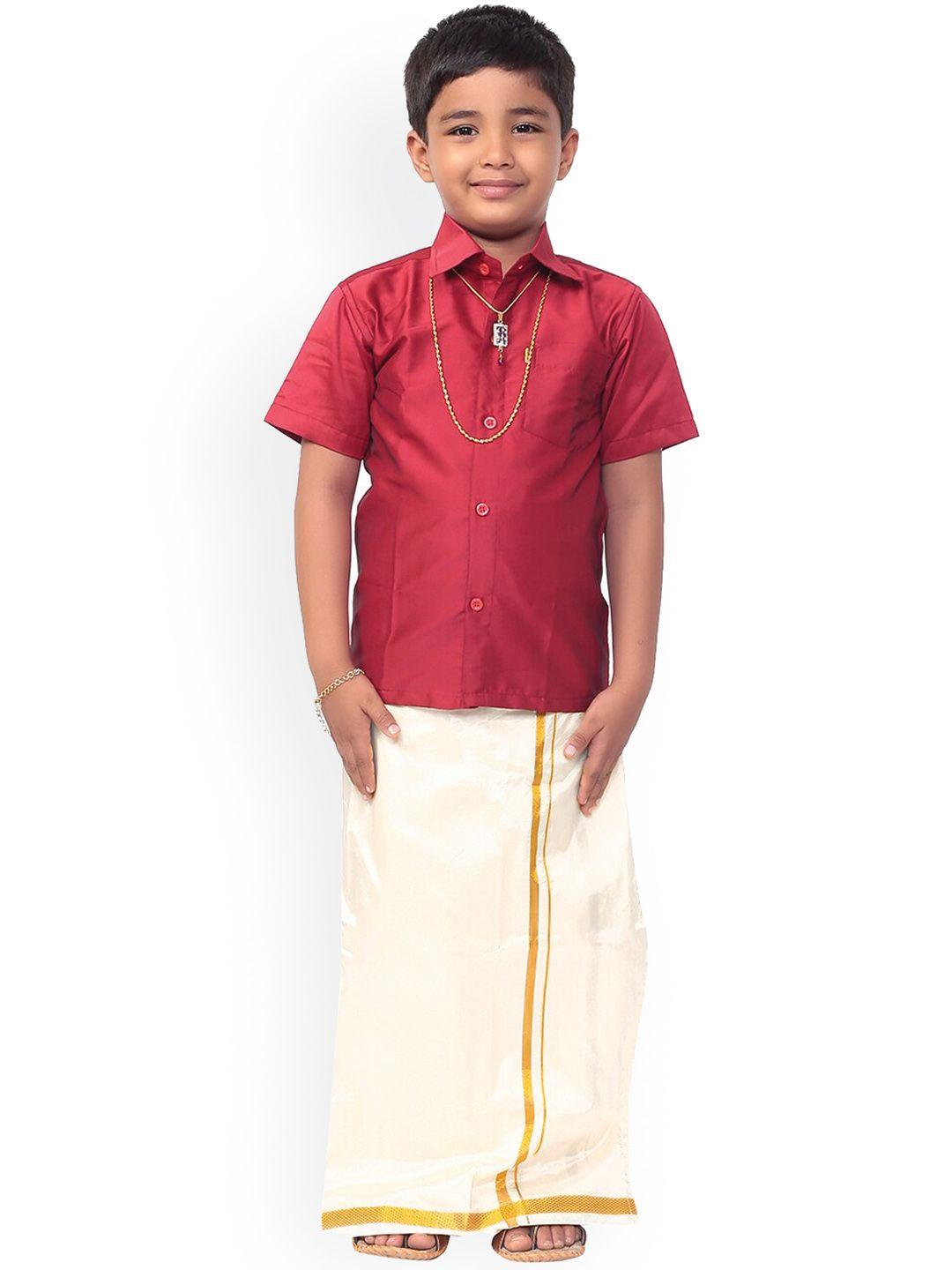 thangamagan boys maroon & off-white solid shirt and veshti