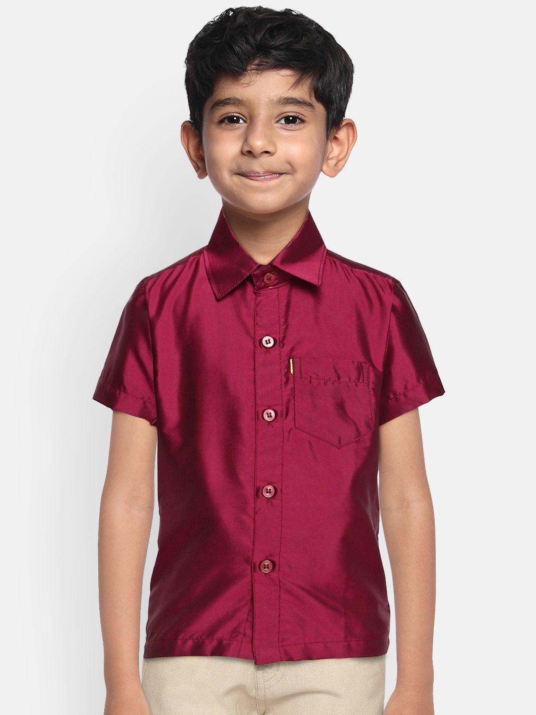 thangamagan boys maroon regular fit solid ethnic silk shirt